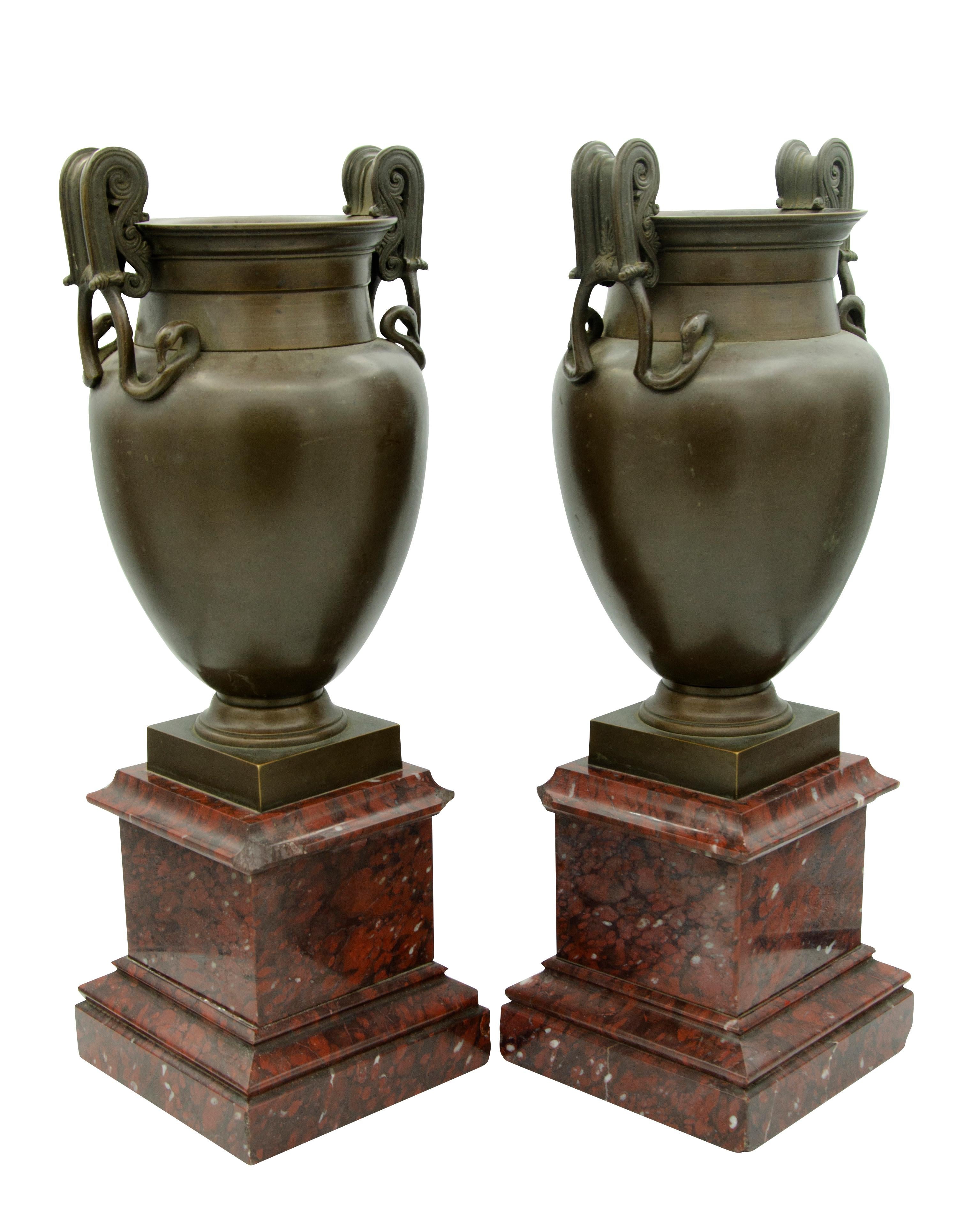 Late 19th Century Pair of Grand Tour Greek Revival Bronze Urns on Marble Bases