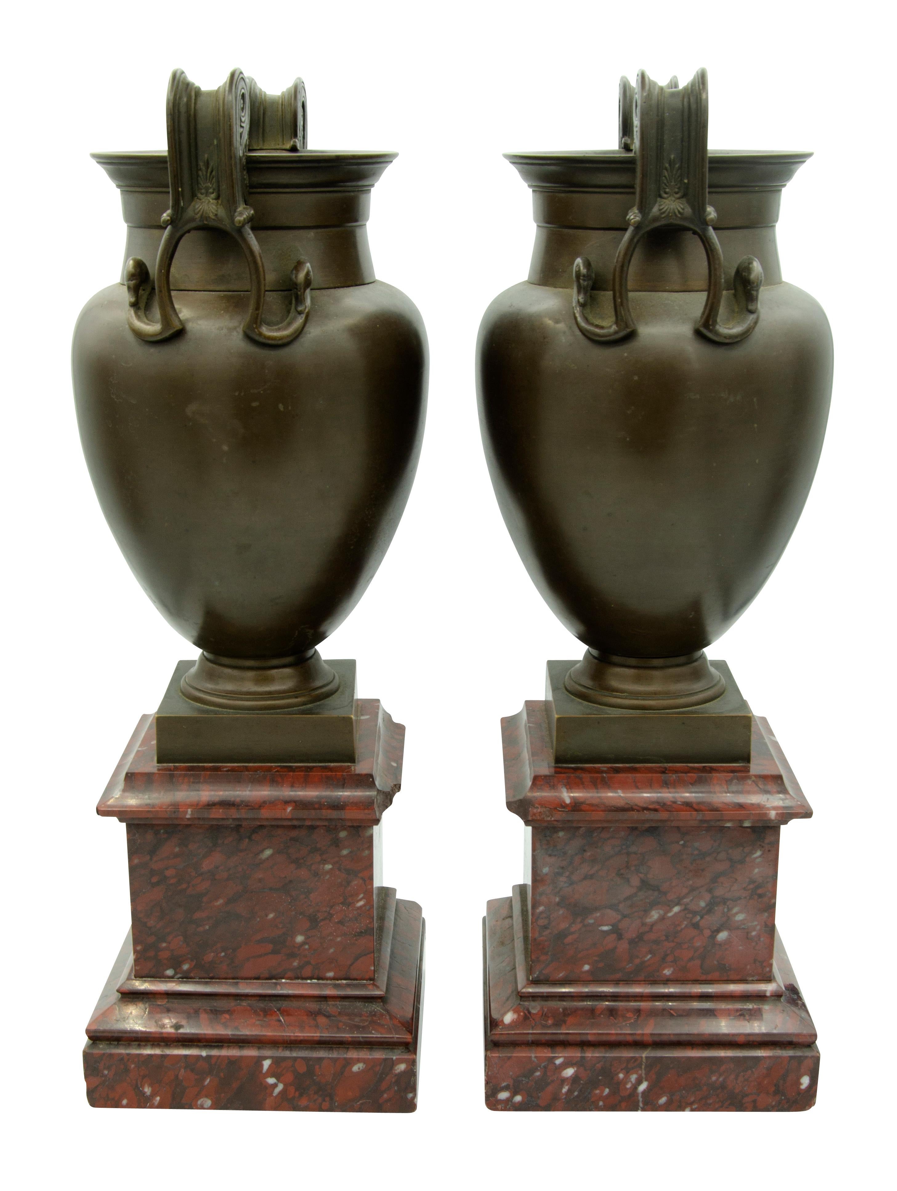 Pair of Grand Tour Greek Revival Bronze Urns on Marble Bases 1