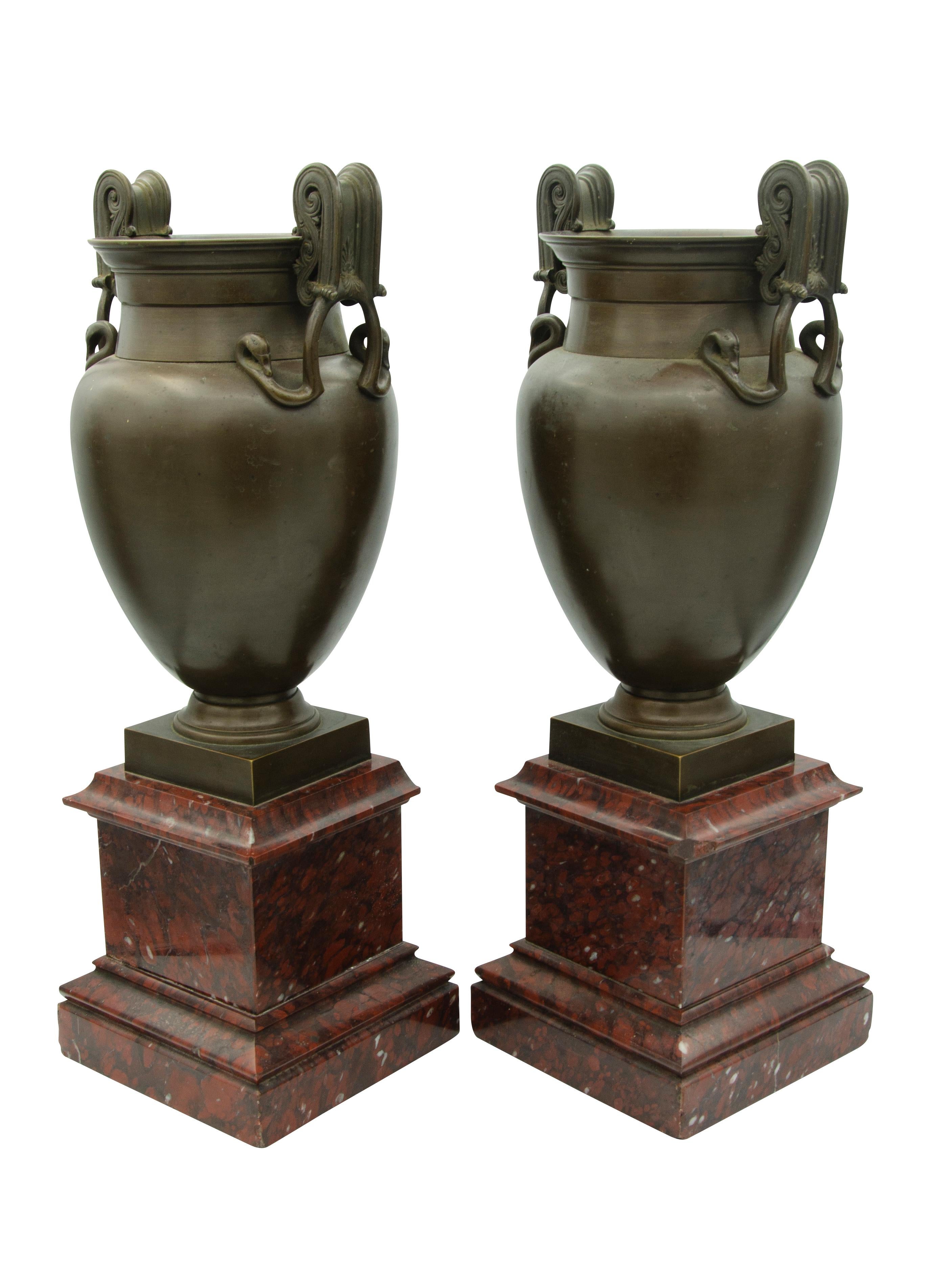 Pair of Grand Tour Greek Revival Bronze Urns on Marble Bases 3