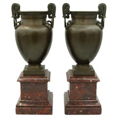 Pair of Grand Tour Greek Revival Bronze Urns on Marble Bases