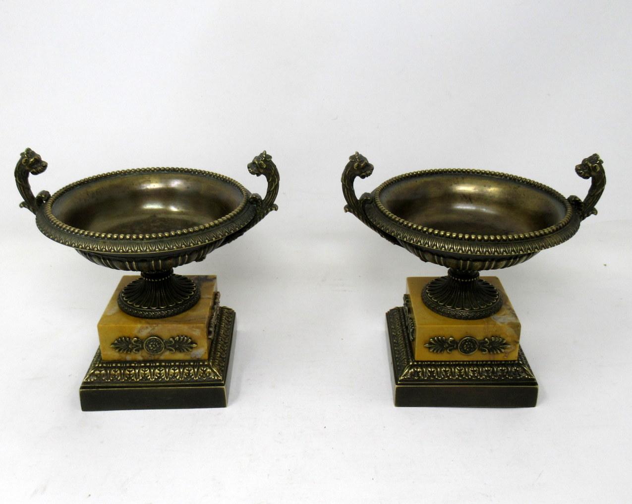 Cast Pair of Grand Tour Ormolu Bronze Sienna Marble Tazzas Urns Vases, 19th Century
