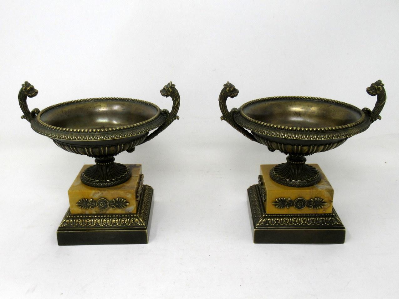 Siena Marble Pair of Grand Tour Ormolu Bronze Sienna Marble Tazzas Urns Vases, 19th Century