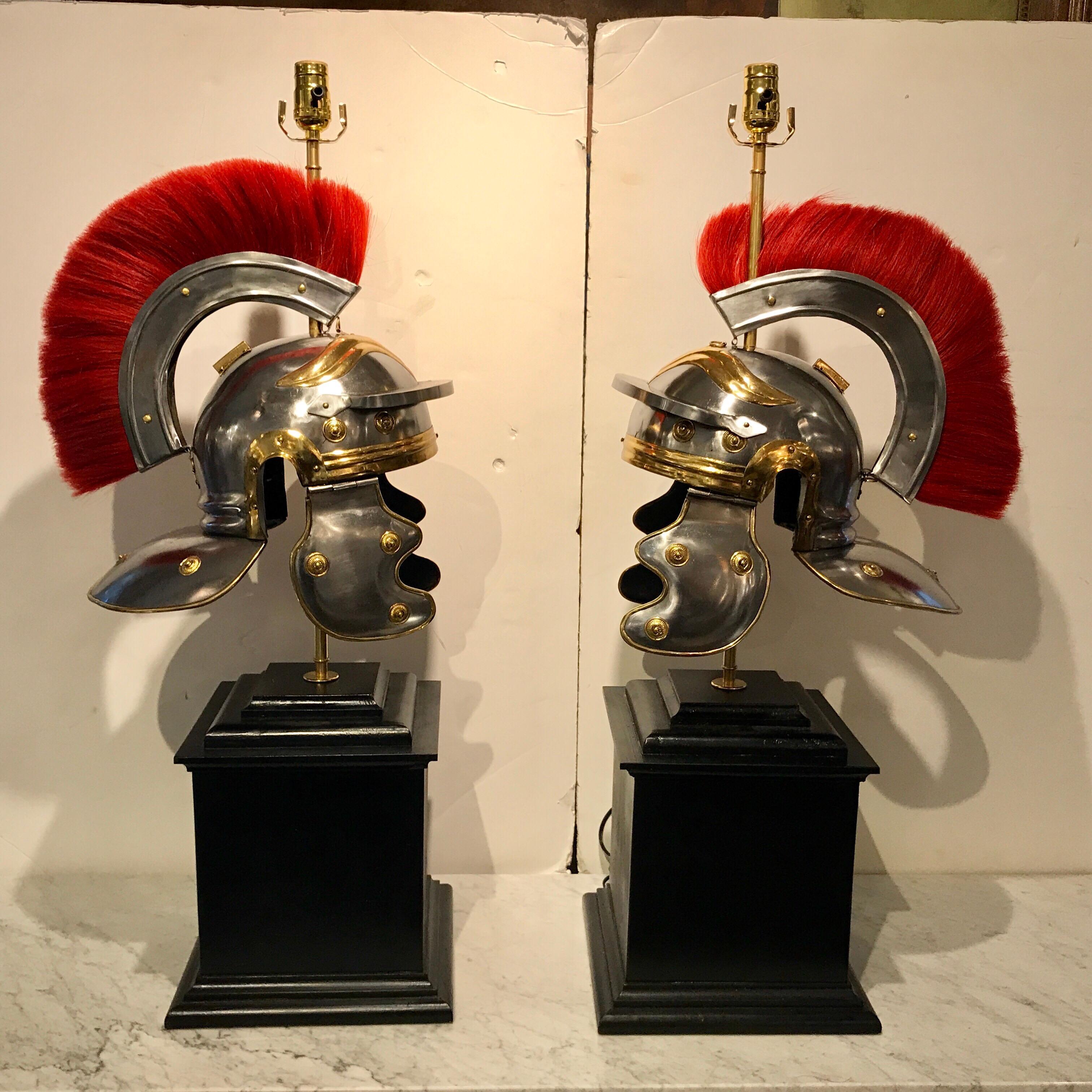 Pair of Grand Tour Steel and Brass Roman Helmets, Now as Lamps 2