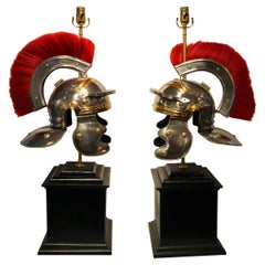 Pair of Grand Tour Steel and Brass Roman Helmets, Now as Lamps