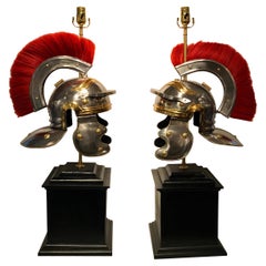 Vintage Pair of Grand Tour Steel and Brass Roman Helmets, Now as Lamps