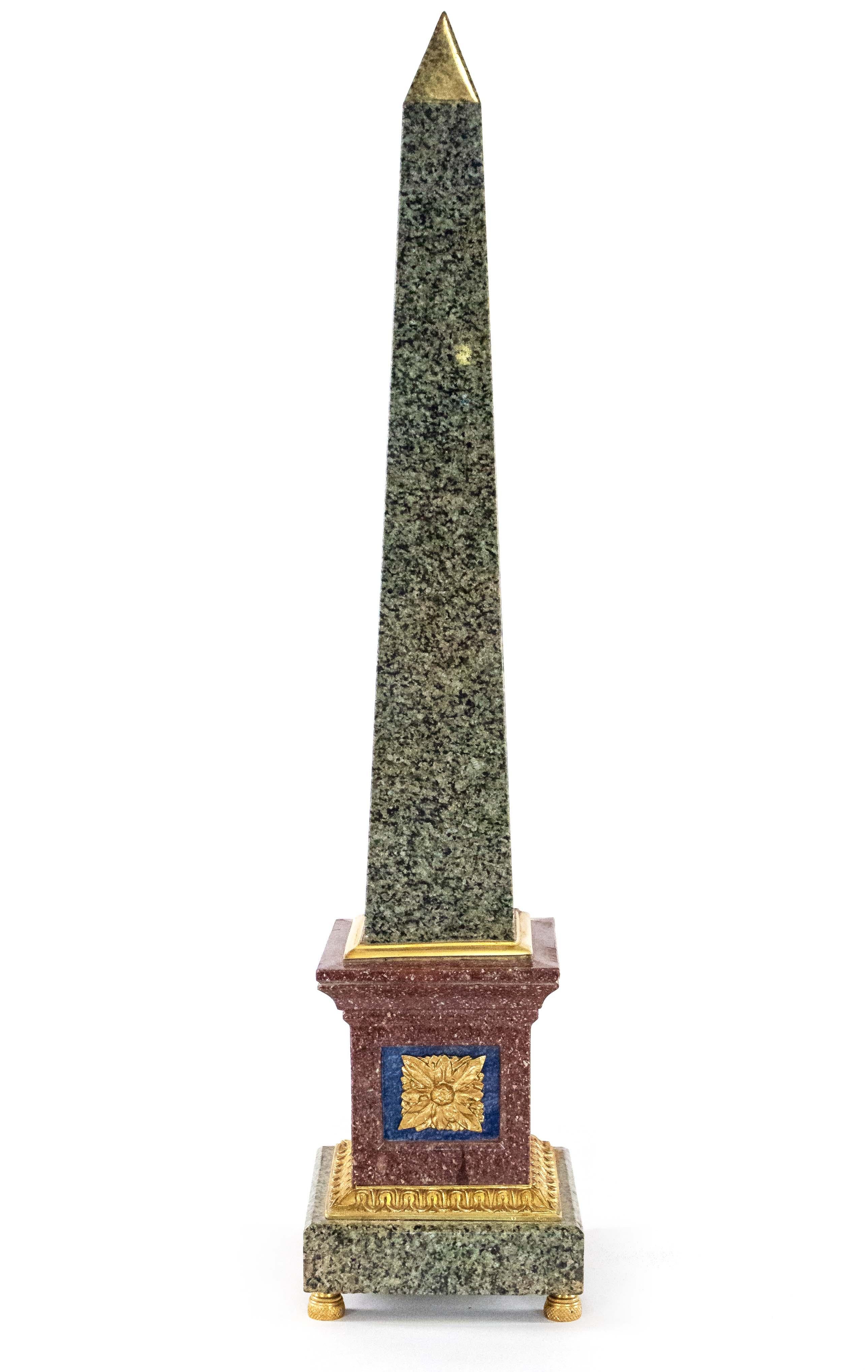 Pair of Italian Neo-classic Grand Tour-style (19/20th Century) bronze mounted hardstone obelisks with porphyry bases (PRICED AS PAIR).