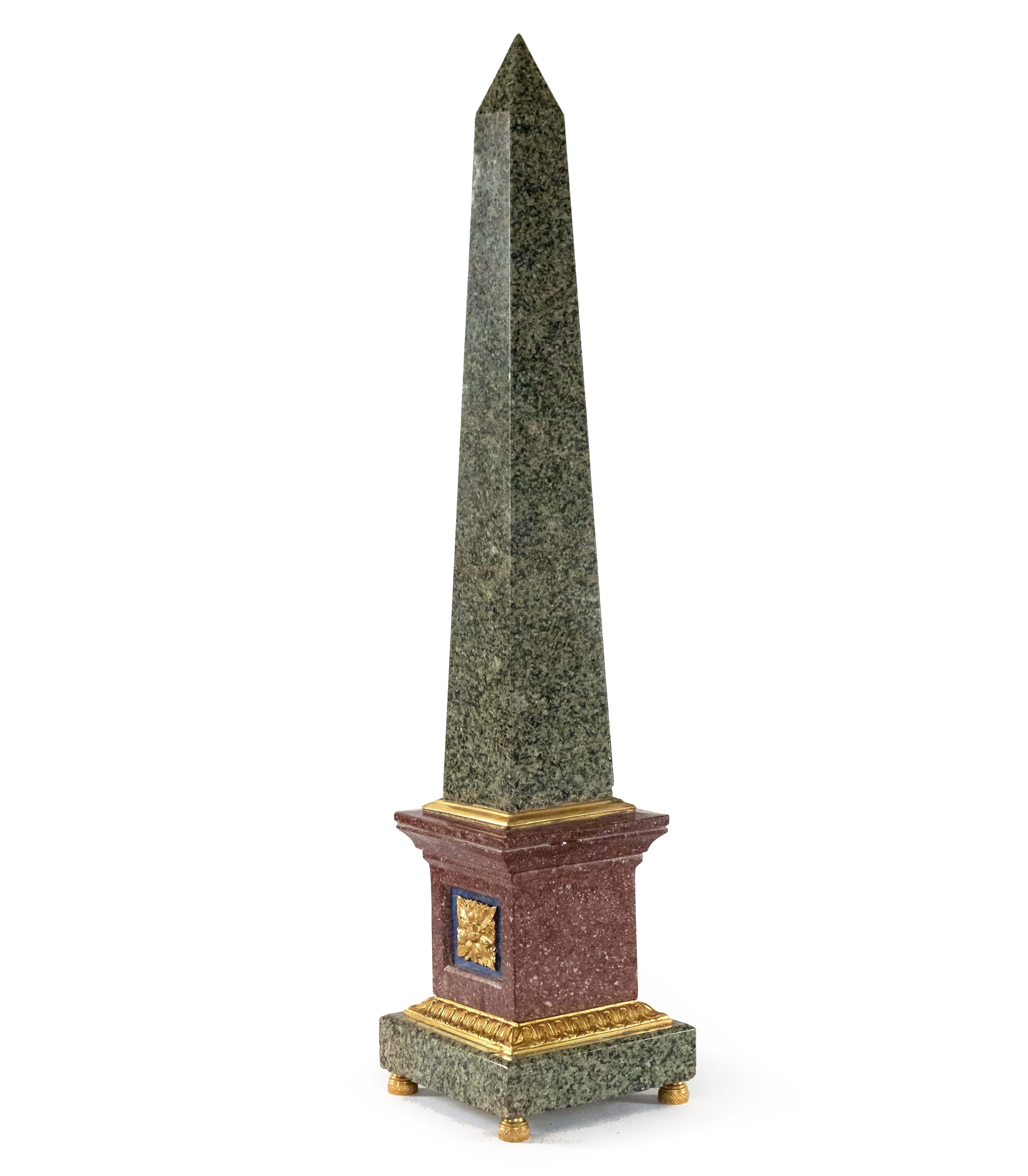 20th Century Pair of Grand Tour Style Bronze Mounted Hardstone Obelisks For Sale