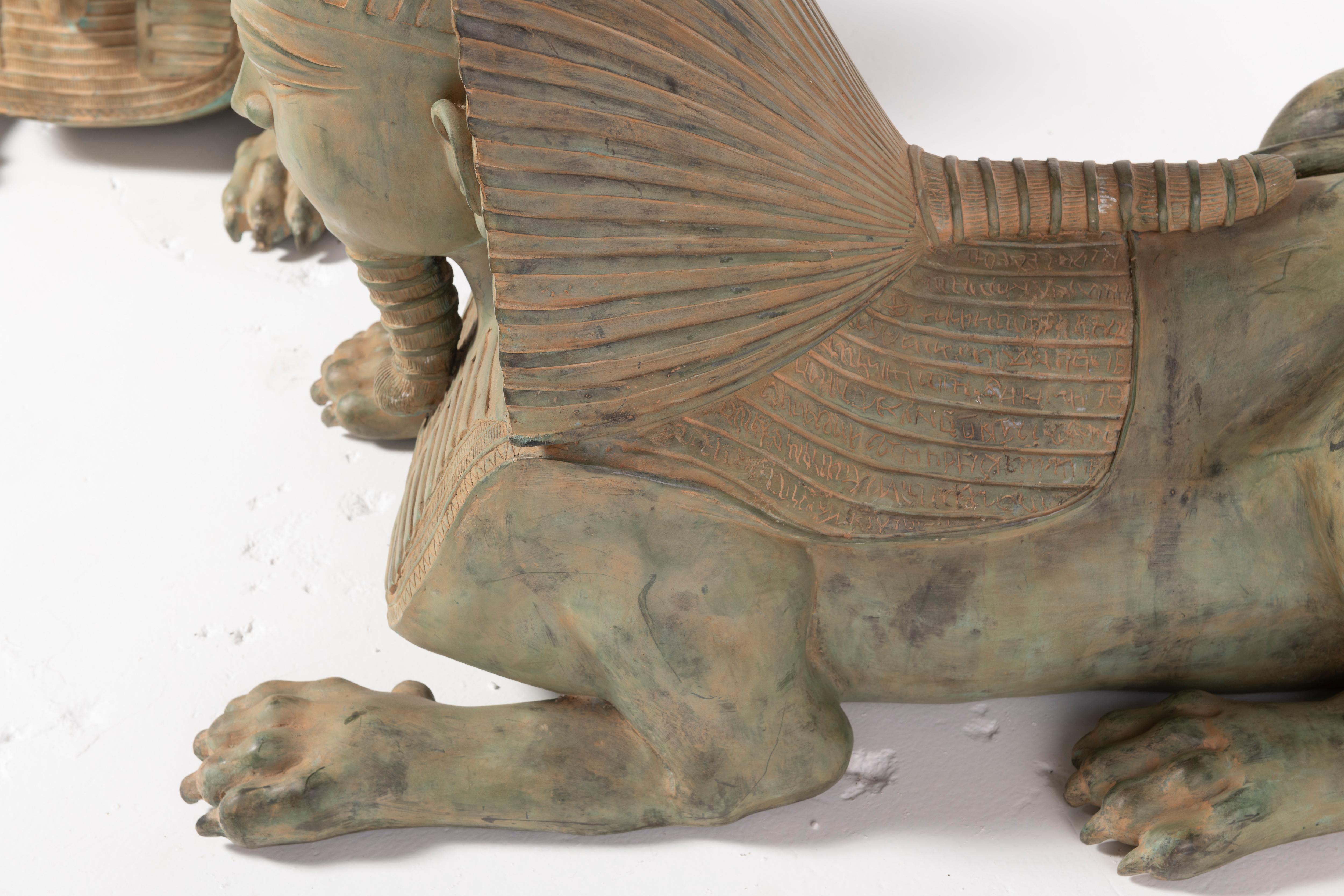  Pair of Grand Tour Style Large Patinated Figures of Seated Sphinxes For Sale 1
