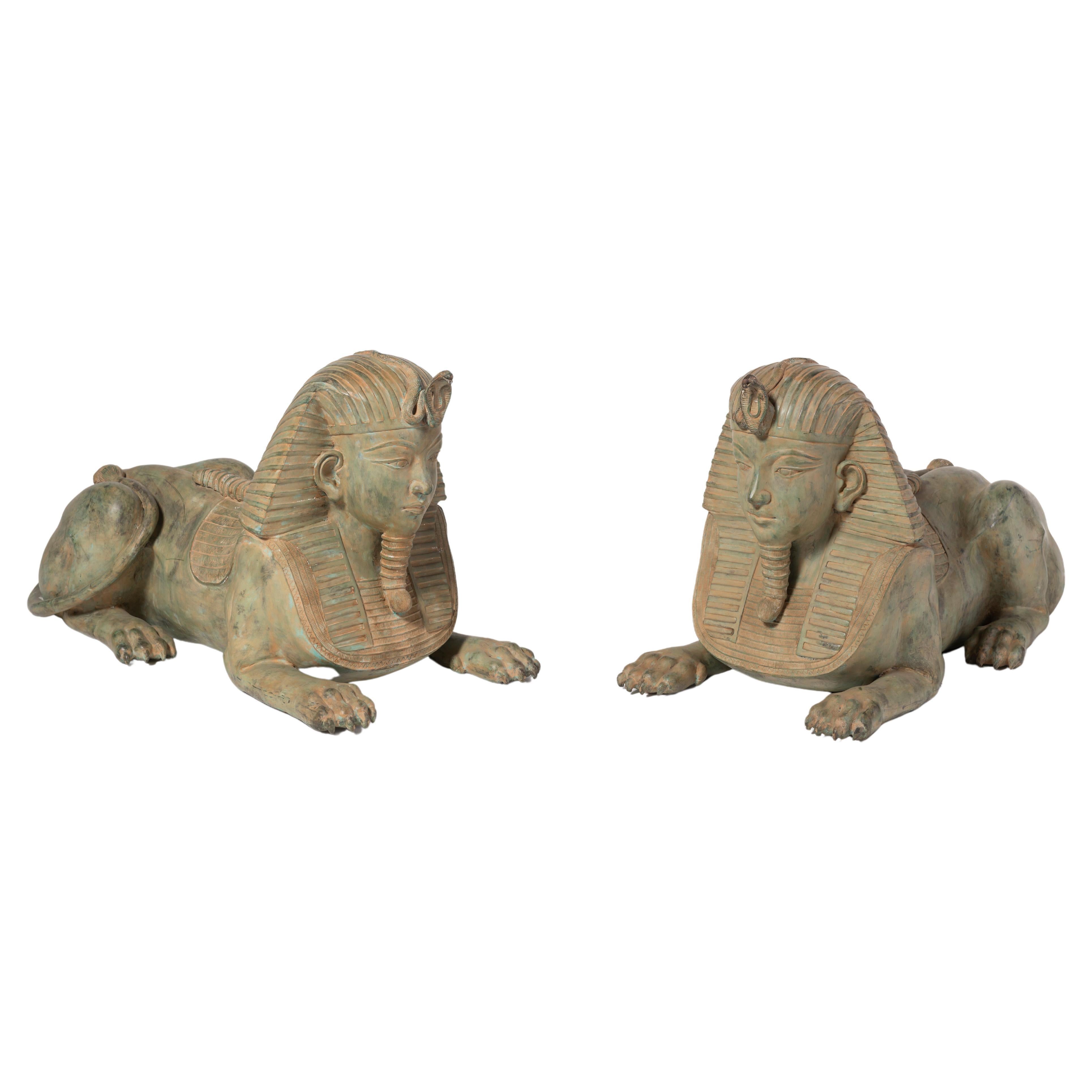  Pair of Grand Tour Style Large Patinated Figures of Seated Sphinxes