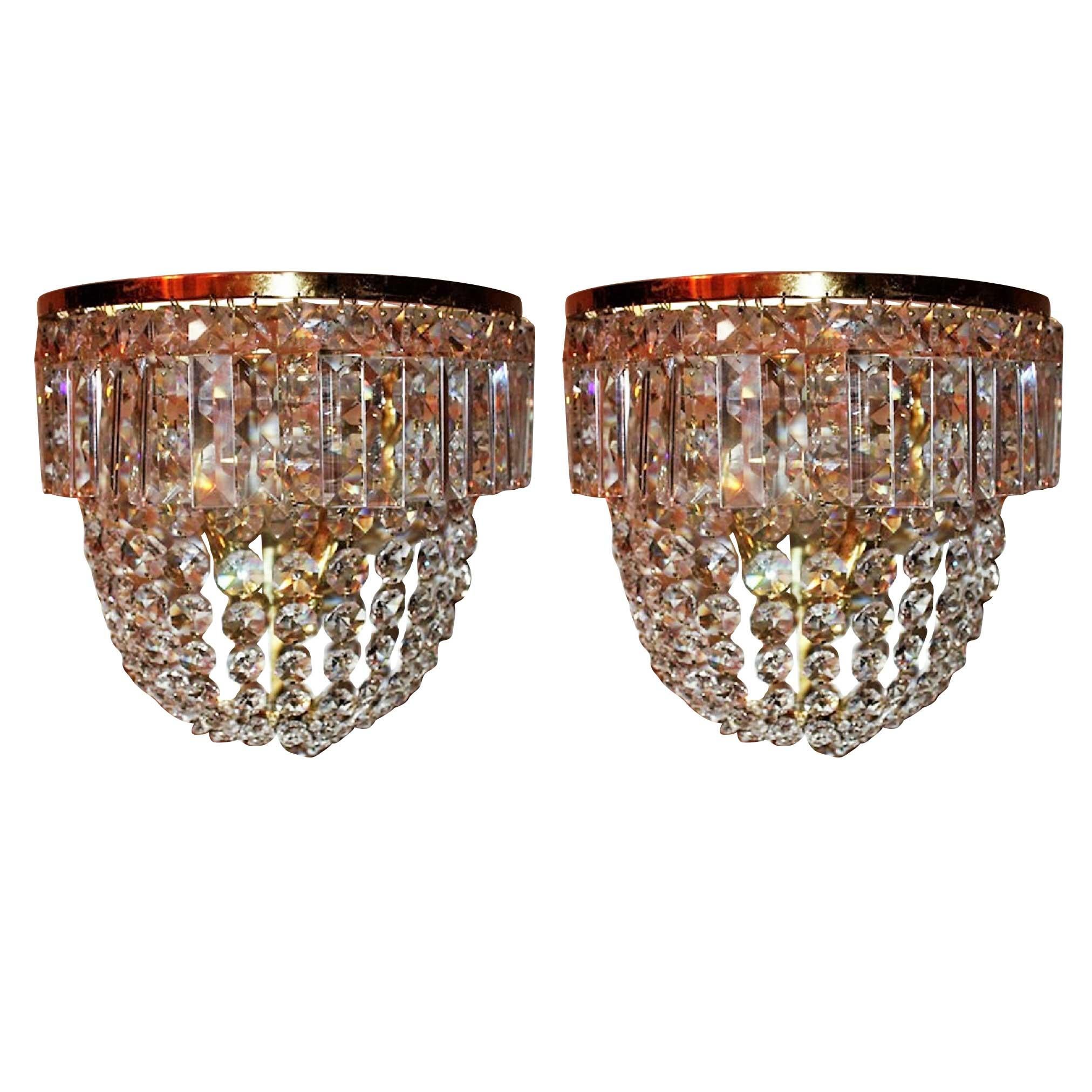 Pair of Grand Wall Sconces by Ch. Palme, Germany, 1960s, Cut Crystal and Brass