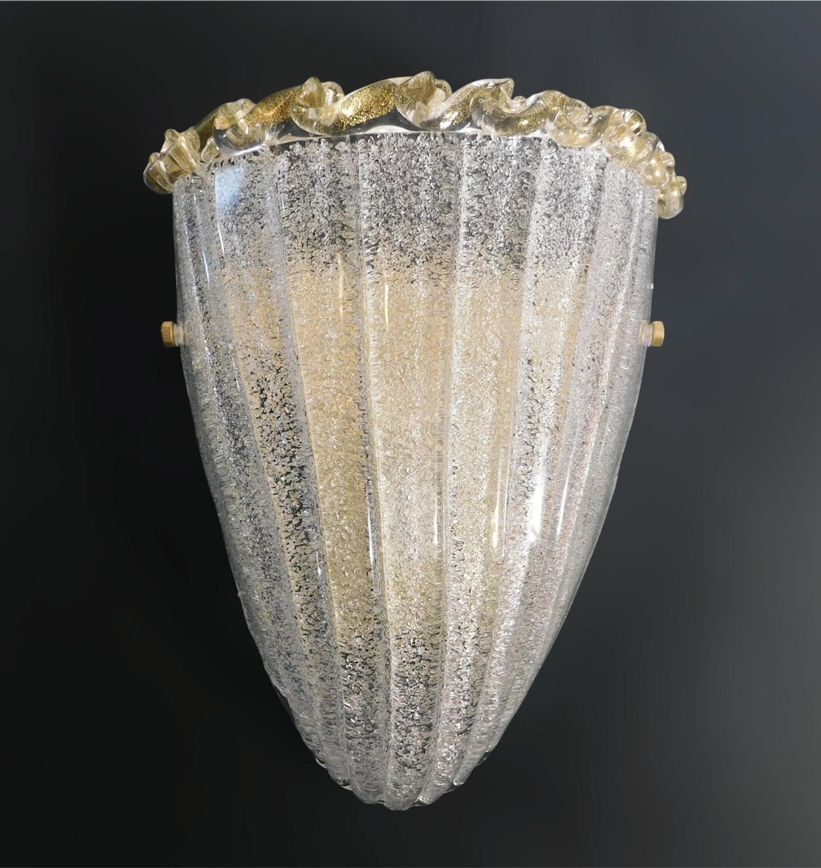 Applique italiana con scudo in vetro di Murano soffiato a mano con la tecnica della Graniglia per ottenere un effetto granulare con macchie d'oro, montata su una cornice con finitura dorata / Made in Italy
Misure: Altezza 13,5 pollici, larghezza 11