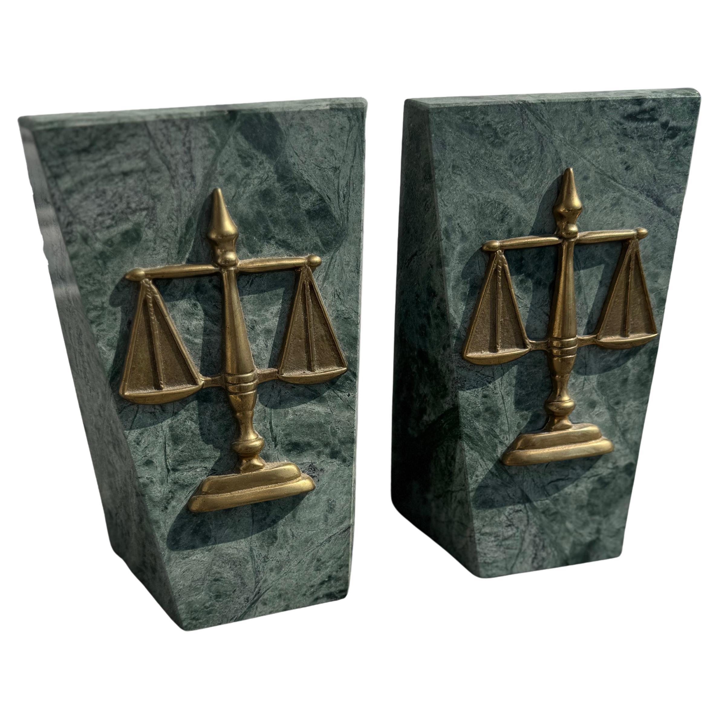 Pair of Marble and Brass Scales of Justice Bookends in vendita