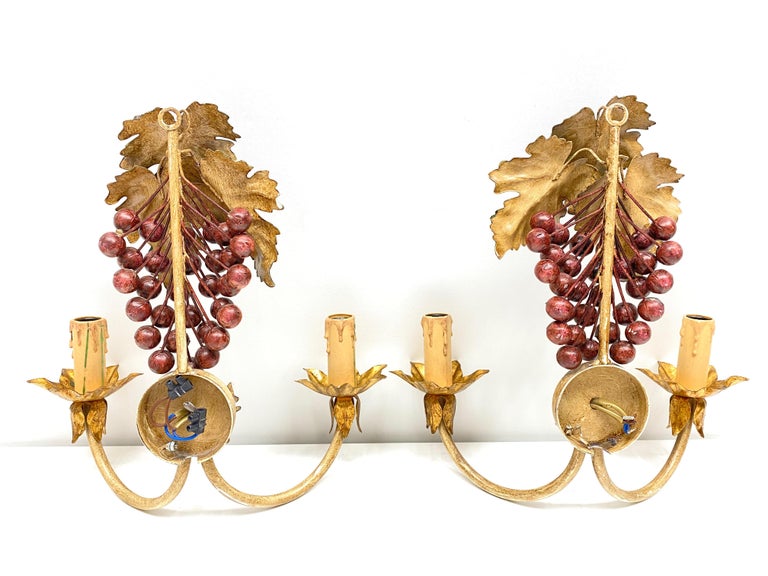 Pair of Grape and Leaf Tole Sconces Polychrome Metal, 1960s, Italy For ...