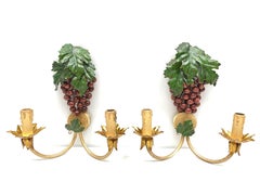 Pair of Grape and Leaf Tole Sconces Polychrome Metal, 1960s, Italy
