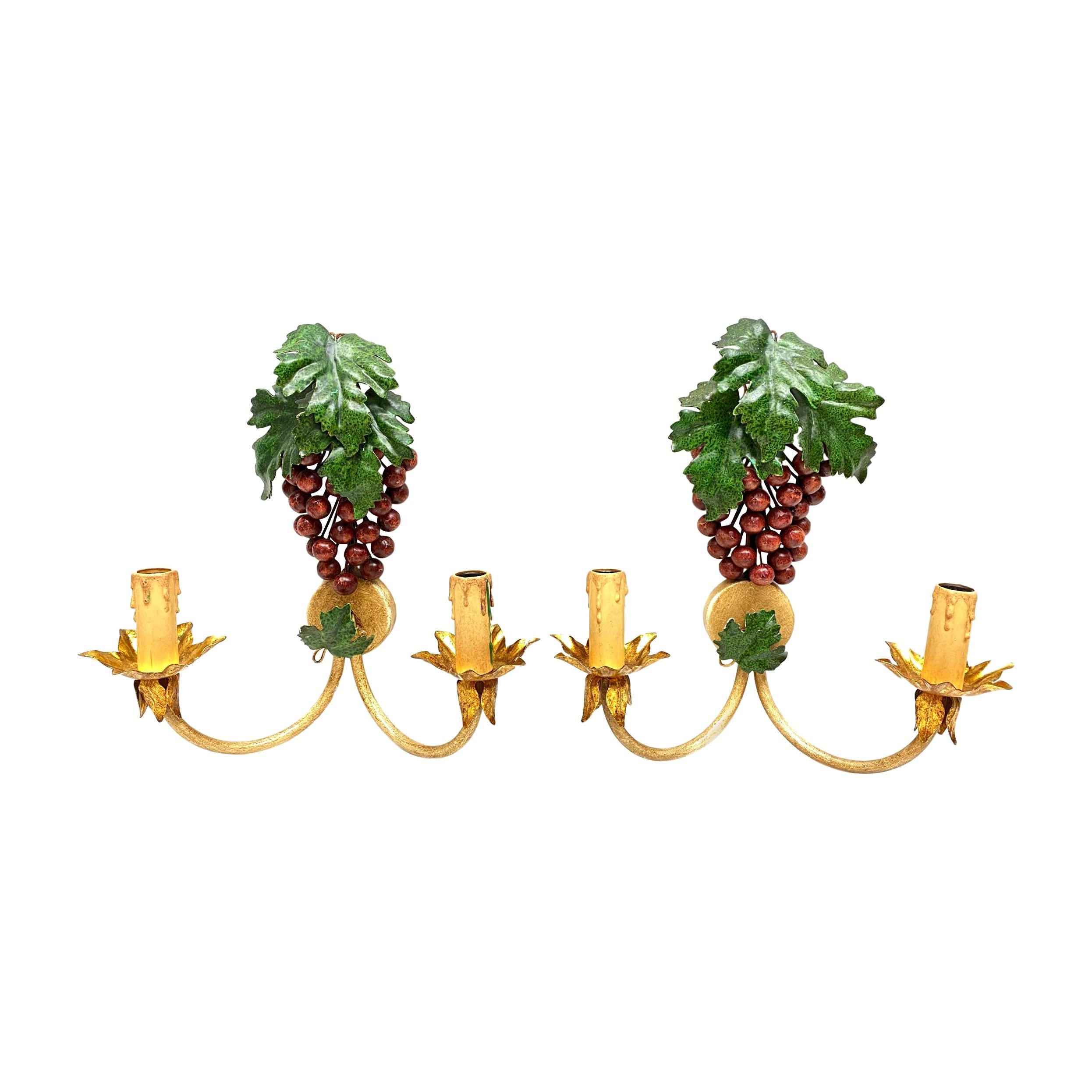 Pair of Grape and Leaf Tole Sconces Polychrome Metal, 1960s, Italy For Sale