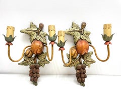 Pair of Grape and Leaf Tole Sconces Polychrome Wood, 1960s, Italy