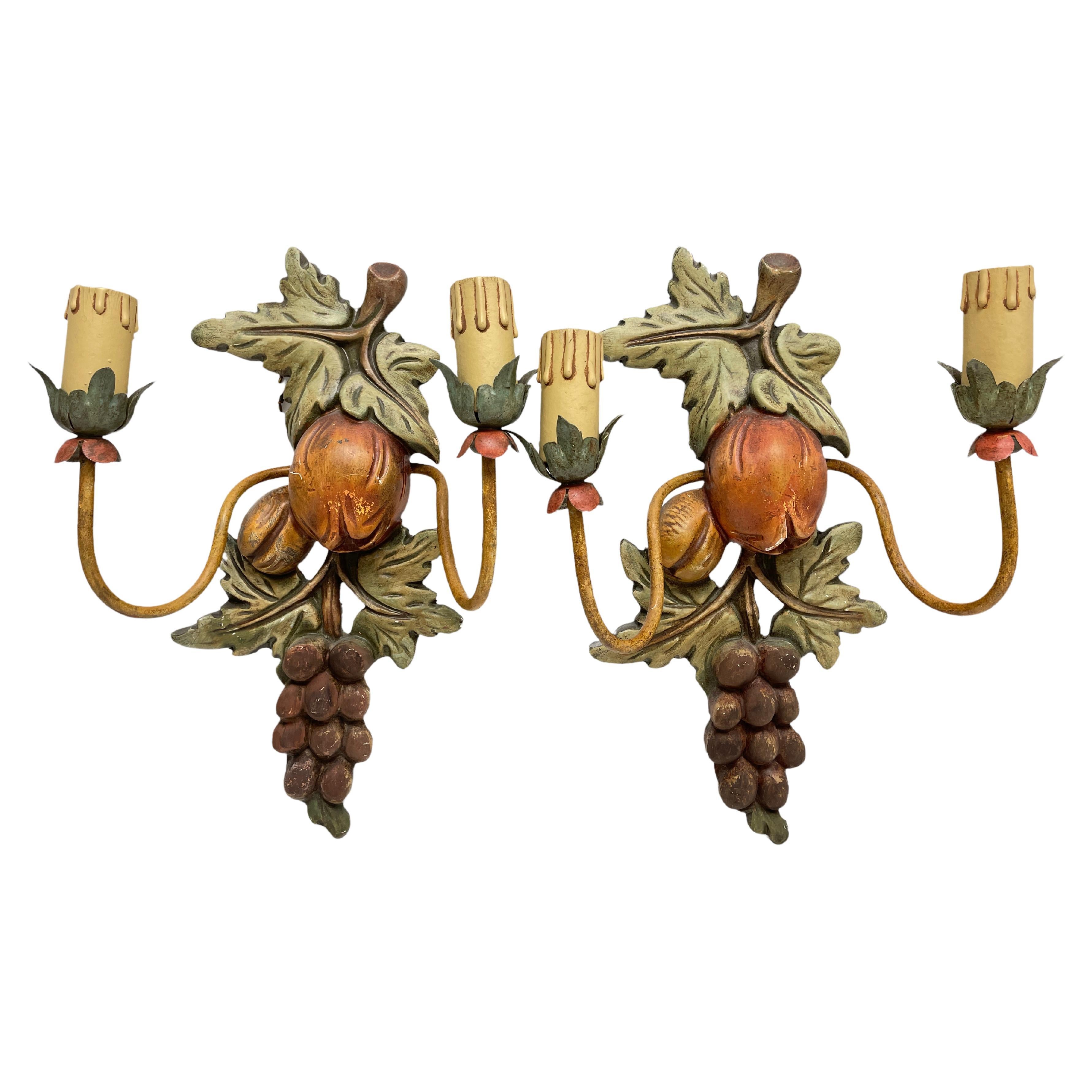 Pair of Grape and Leaf Tole Sconces Polychrome Wood, 1960s, Italy