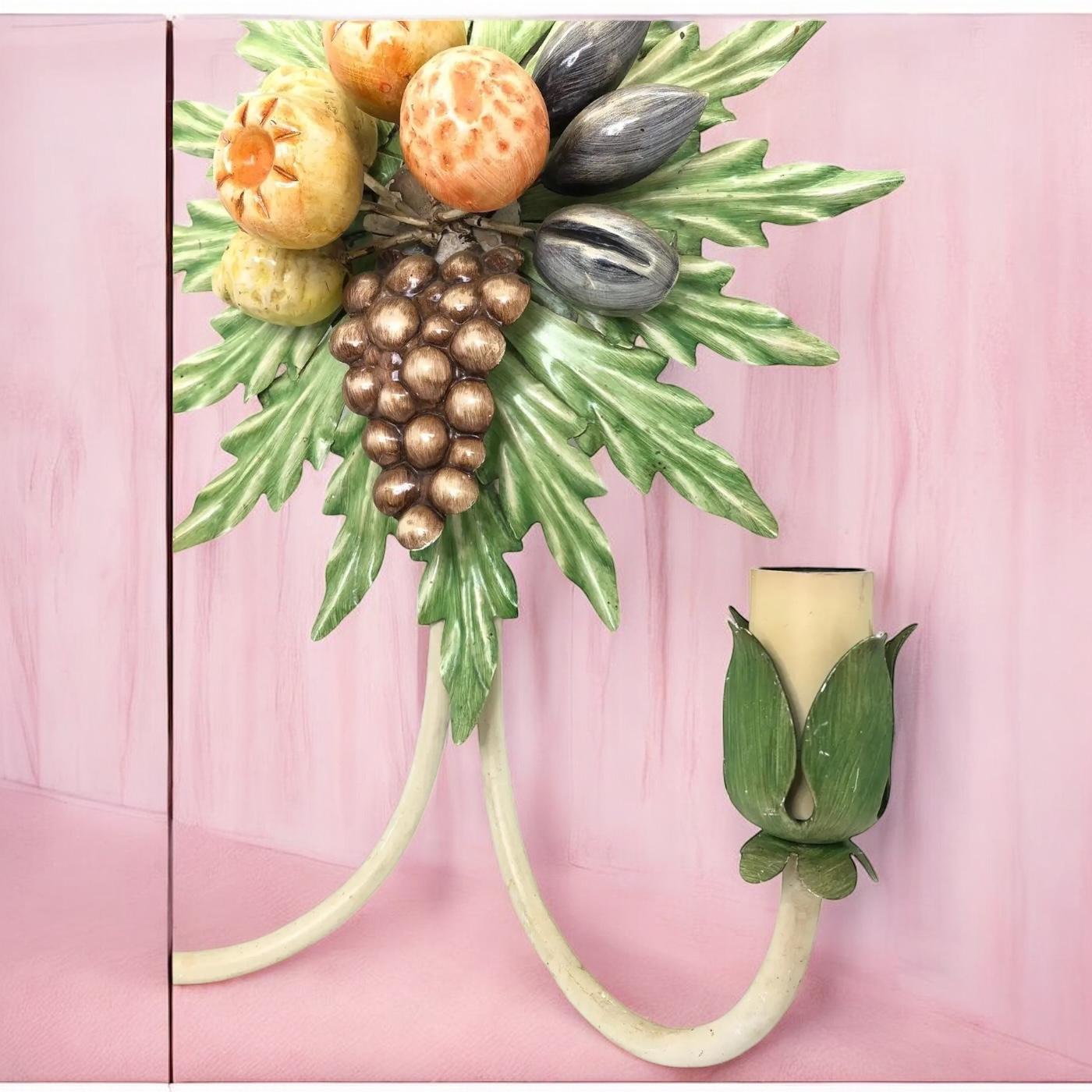 Pair of Grape, Fruits and Leaf Tole Sconces Polychrome Metal, 1960s, Italy For Sale 8