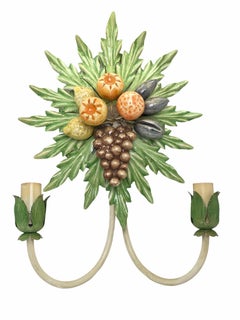Pair of Grape, Fruits and Leaf Tole Sconces Polychrome Metal, 1960s, Italy