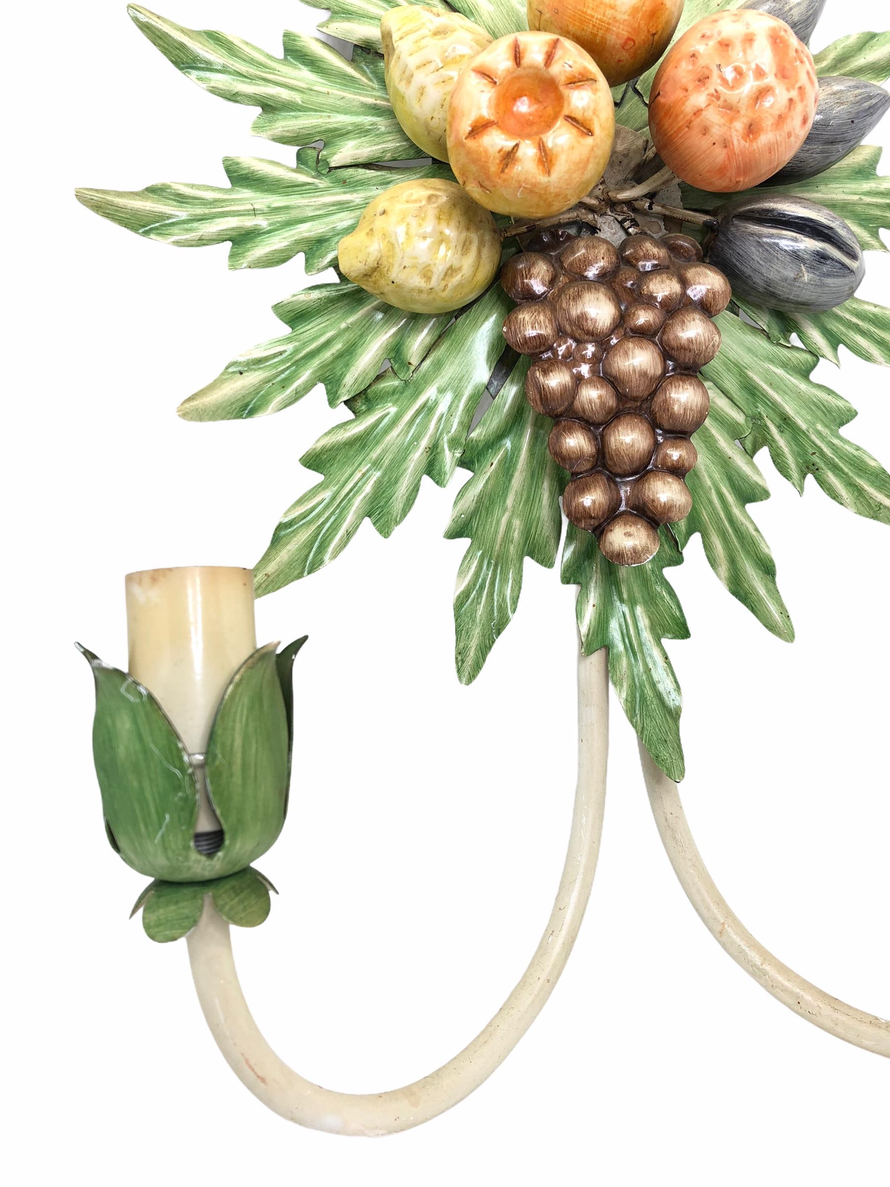 Italian Pair of Grape, Fruits and Leaf Tole Sconces Polychrome Metal, 1960s, Italy For Sale