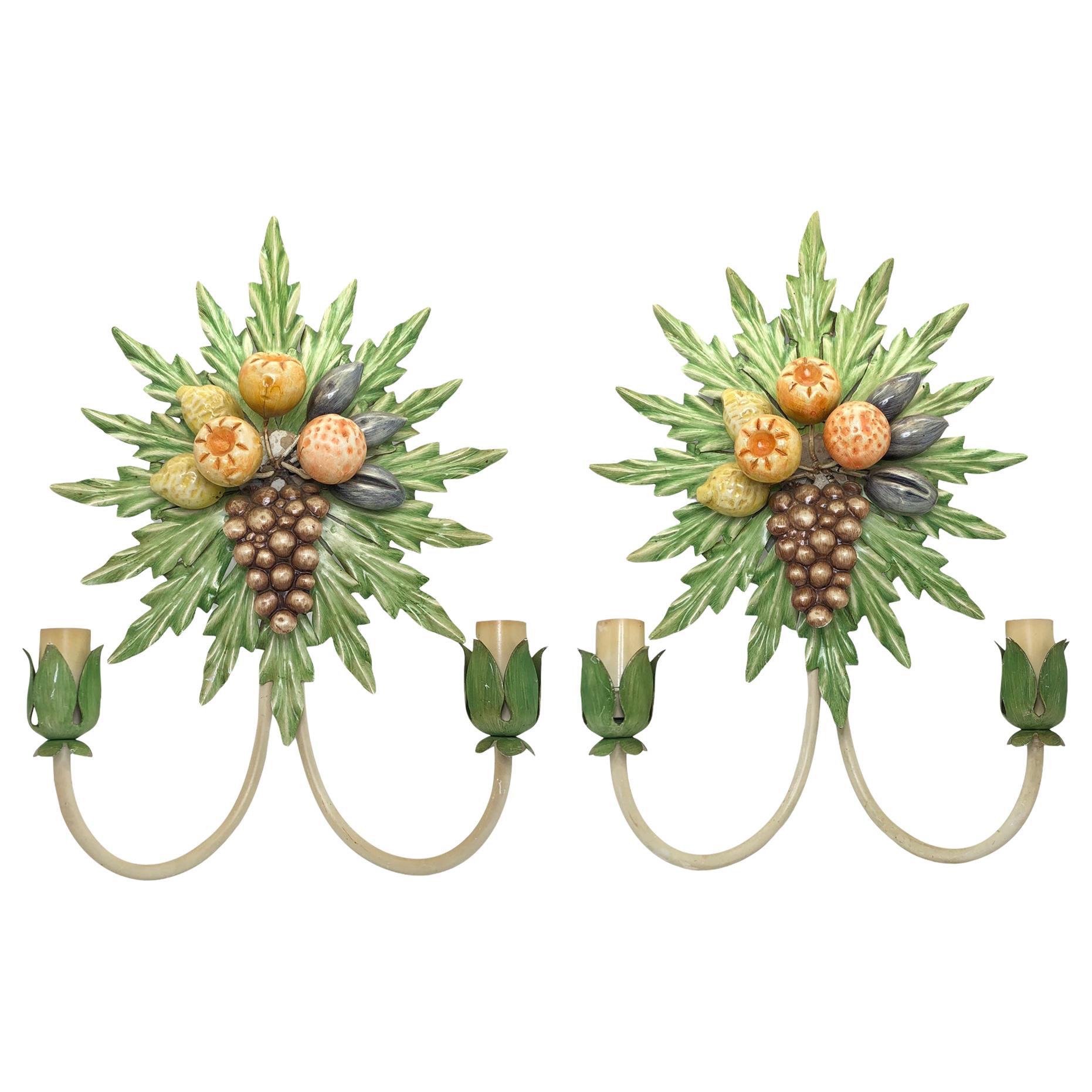 Pair of Grape, Fruits and Leaf Tole Sconces Polychrome Metal, 1960s, Italy For Sale