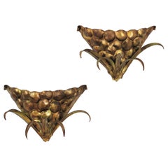 Pair of Hollywood Regency Gilt Iron Wall Sconces, Bunch of Grapes Design, 1950s