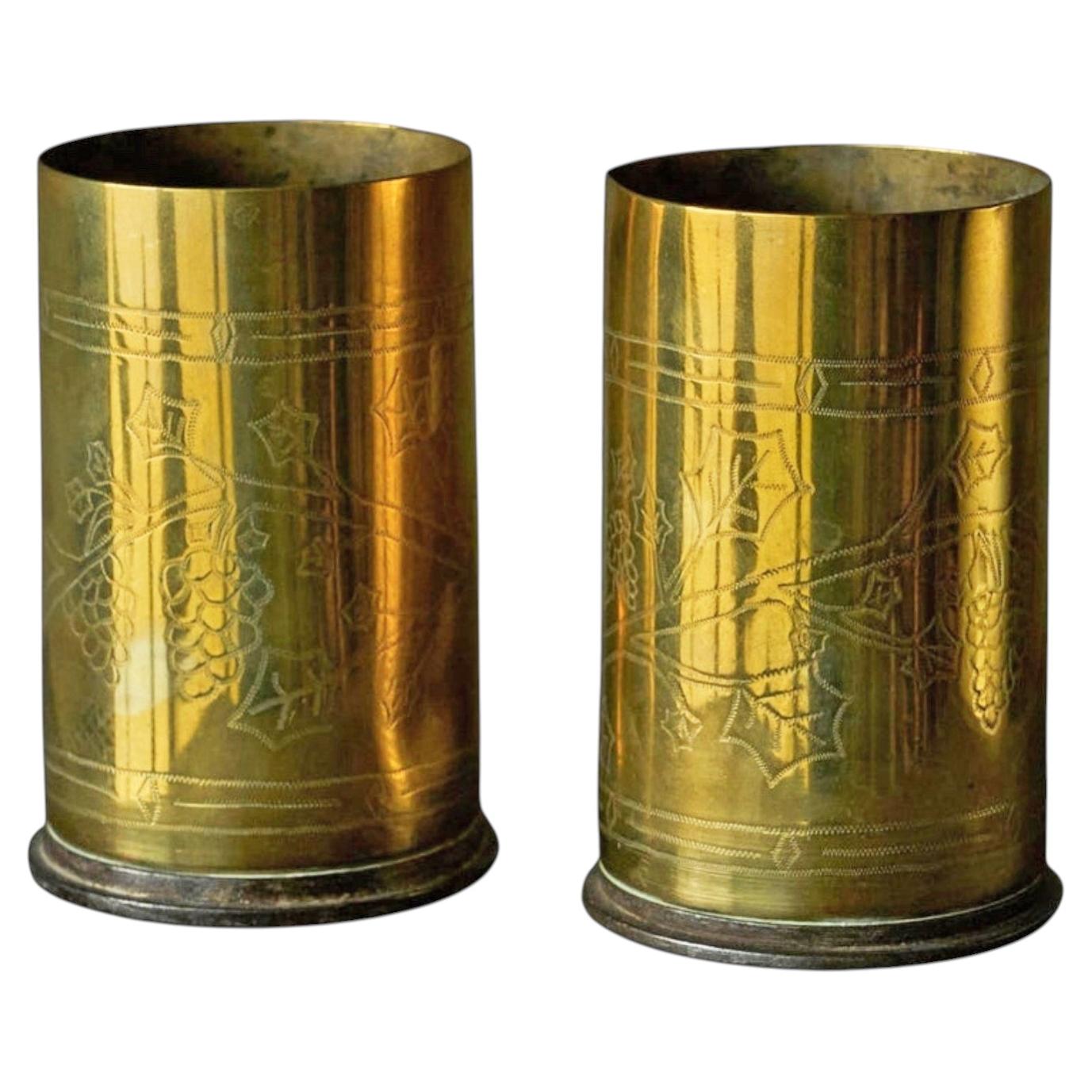 Pair of Grapevine Decorated Trench Art Vases in Patinated Brass 1920s For Sale
