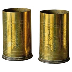 Pair of Grapevine Decorated Trench Art Vases in Patinated Brass 1920s