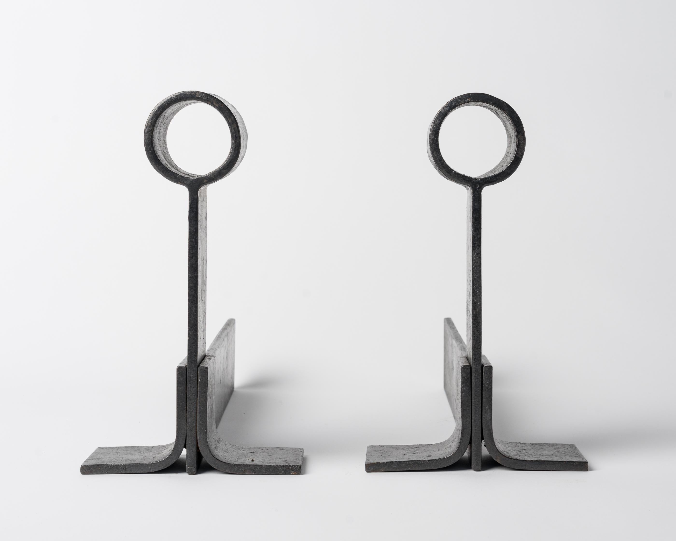 French Pair of Graphic Brutalist Steel Andirons, France, 1970's