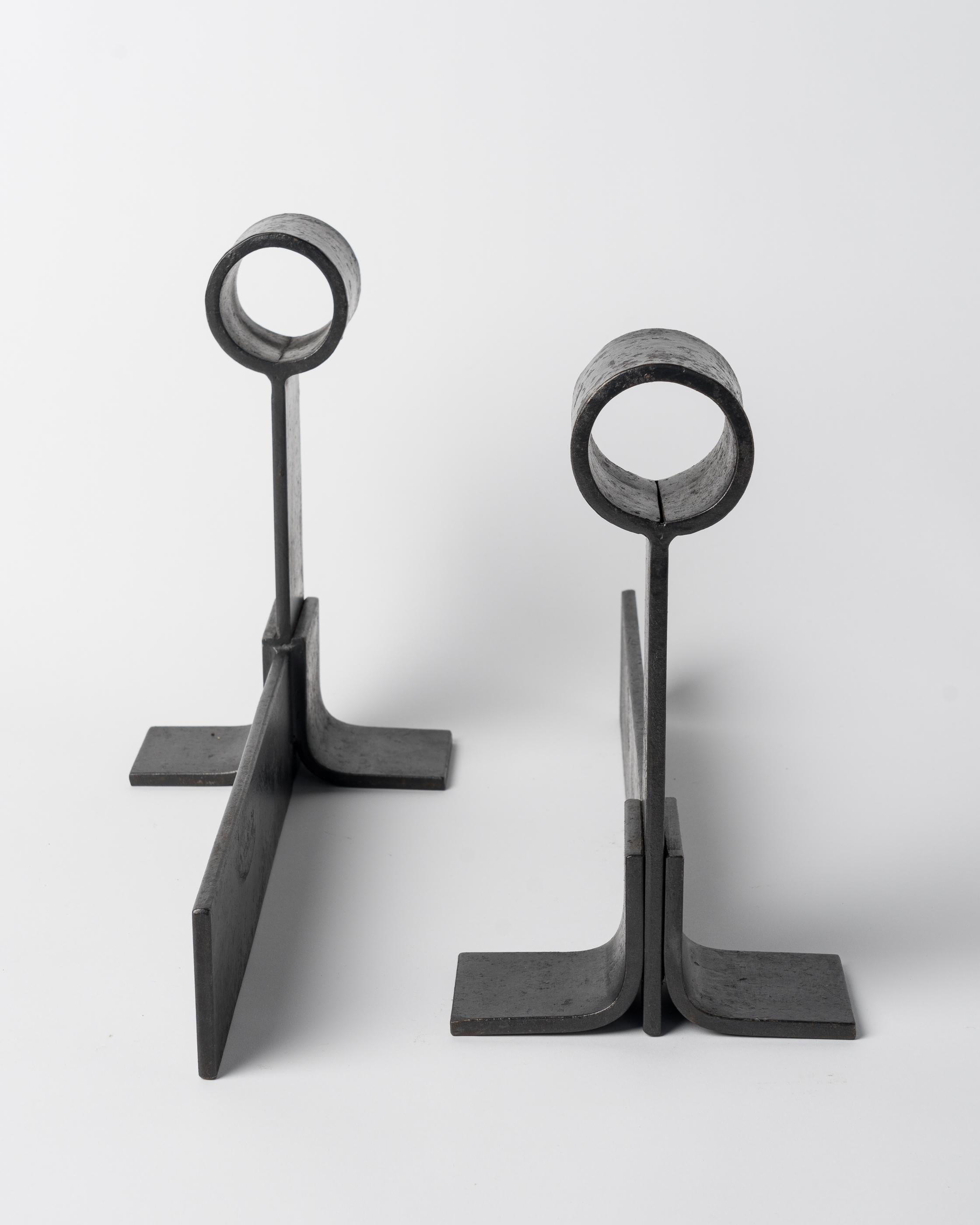 Late 20th Century Pair of Graphic Brutalist Steel Andirons, France, 1970's