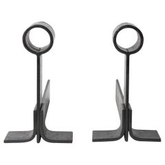 Pair of Graphic Brutalist Steel Andirons, France, 1970's