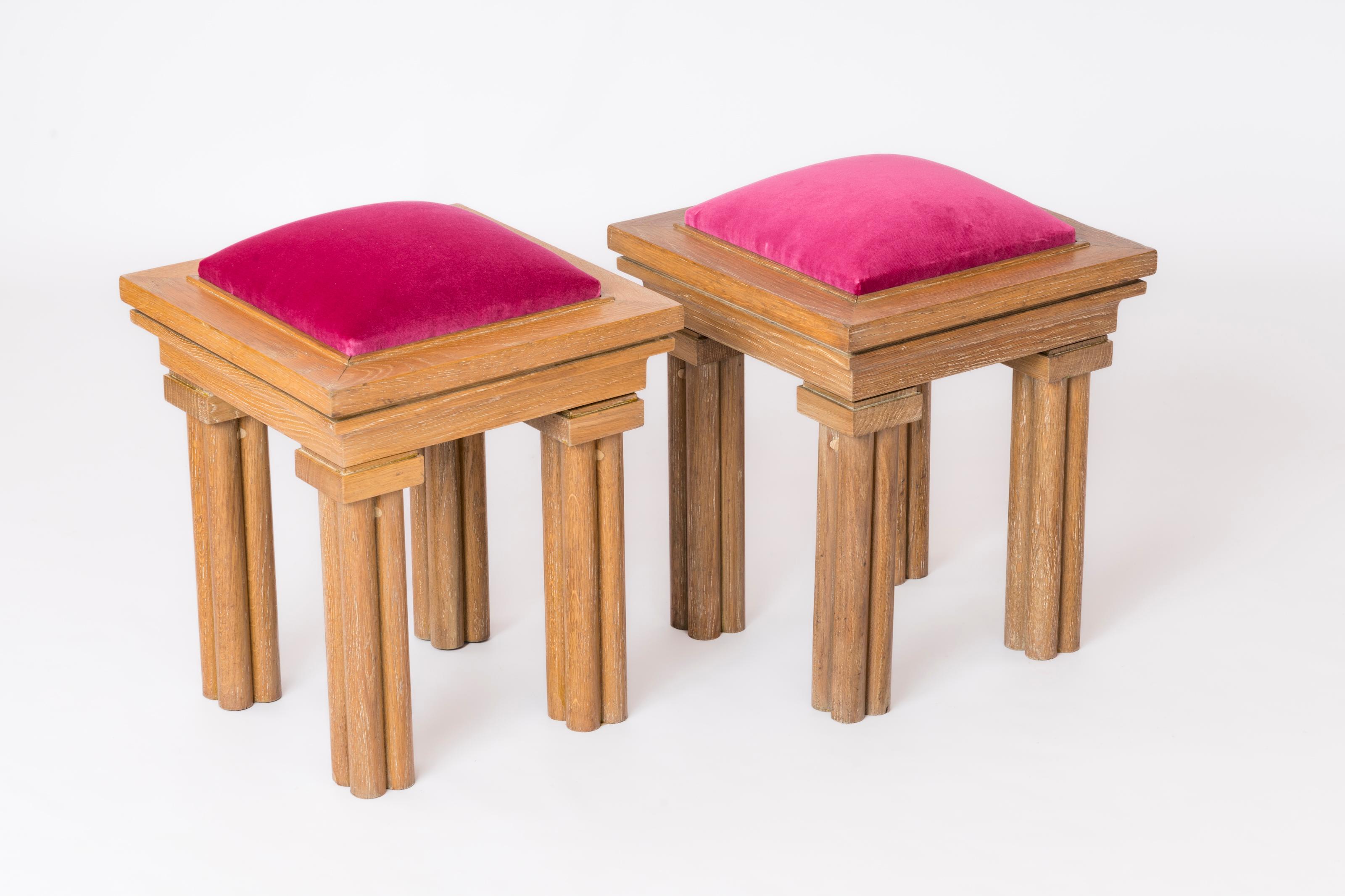 One of a kind pair of lightly cerused solid oak stools
fresh velvet upholstery
slight difference of tones in finish between the two stools
visible oak screw covers on one side of each stool
minor dent on one leg of one stool (see last