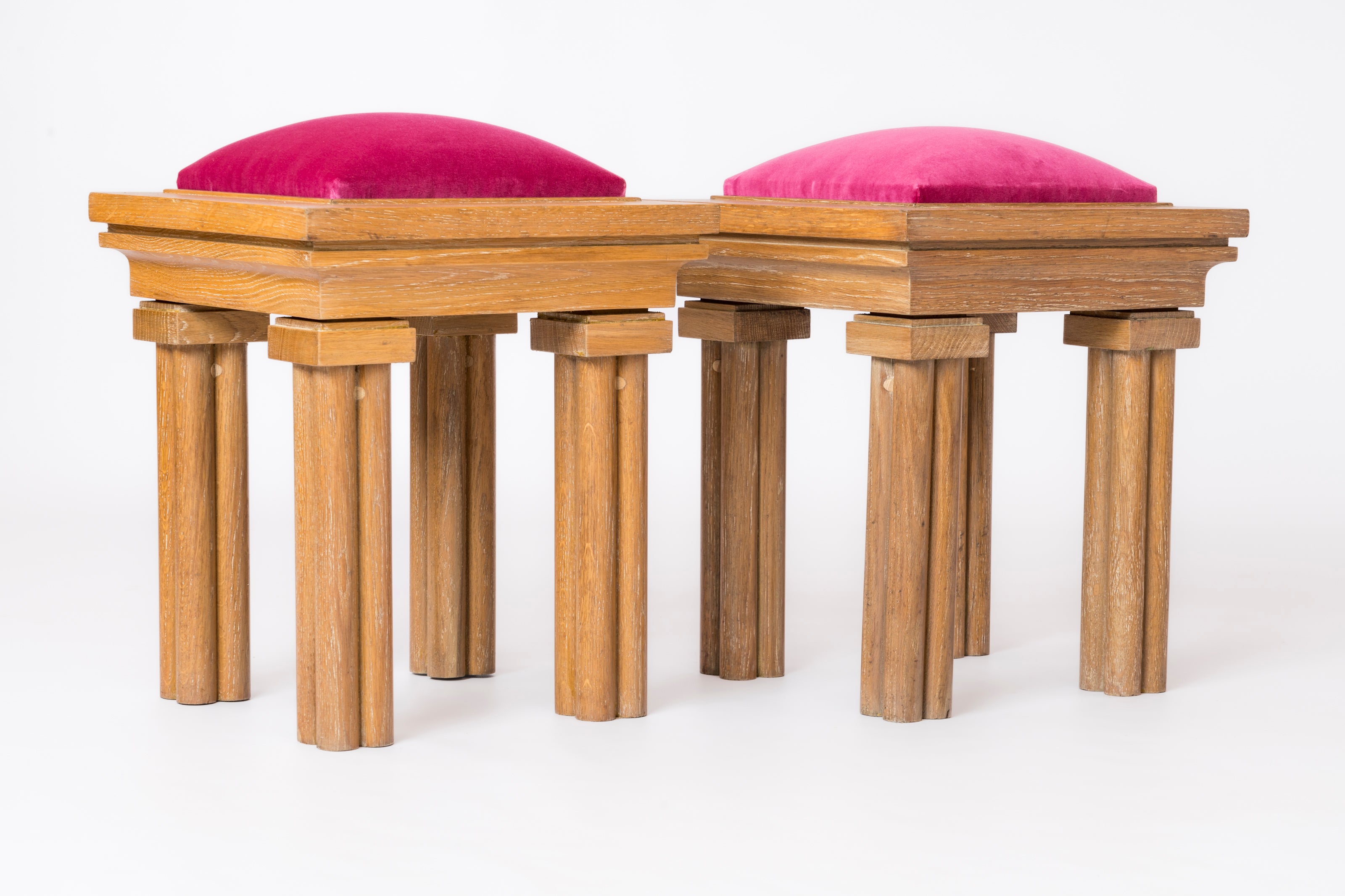 Pair of Solid Cerused Oak Stools with Sharp Pink Velvet Cushions - France 1980s For Sale