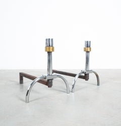 Pair of Graphical Andirons from Iron and Brass Chrome, France, circa 1940