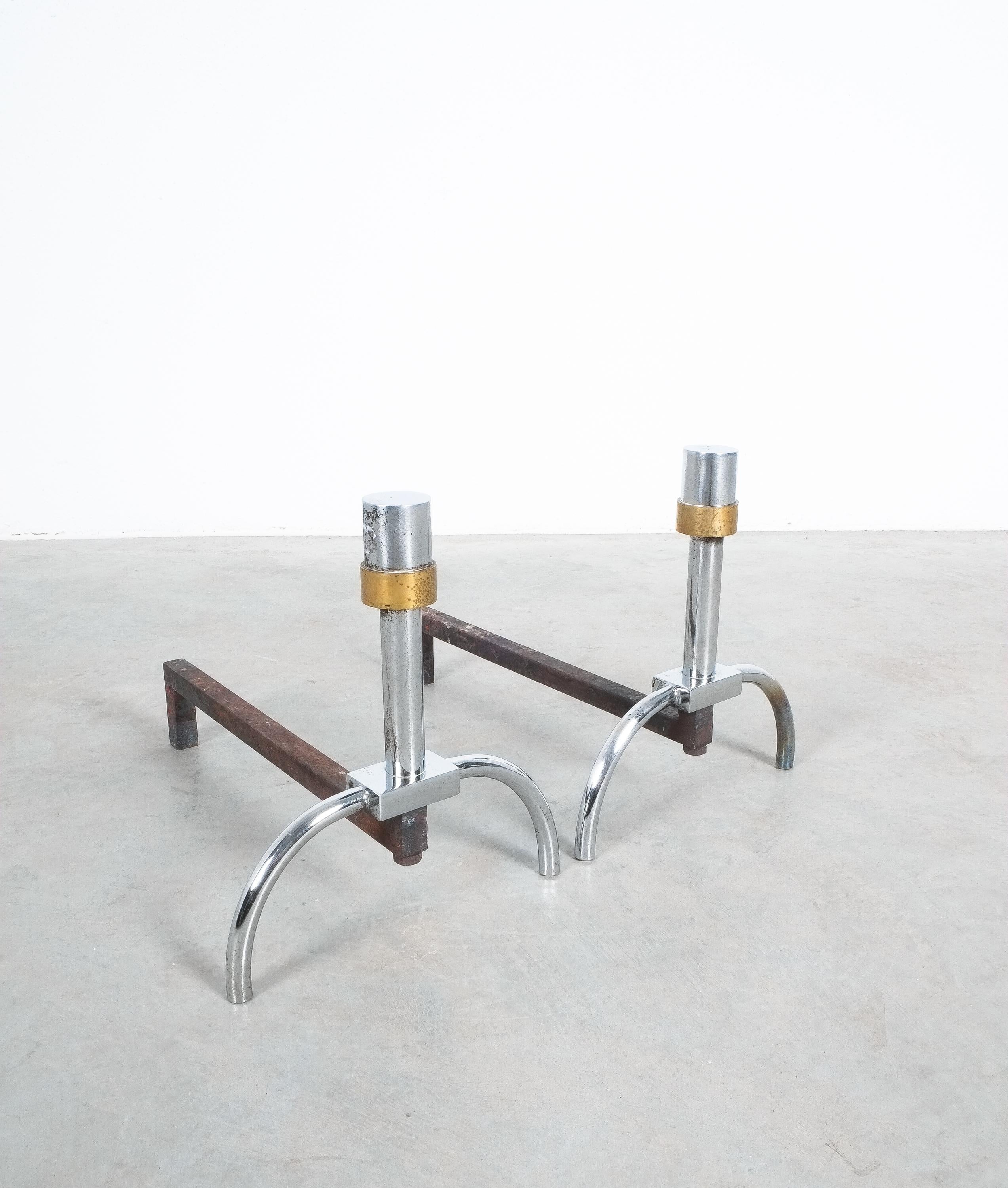 French Pair of Graphical Andirons from Iron and Brass Chrome, France, circa 1940 For Sale