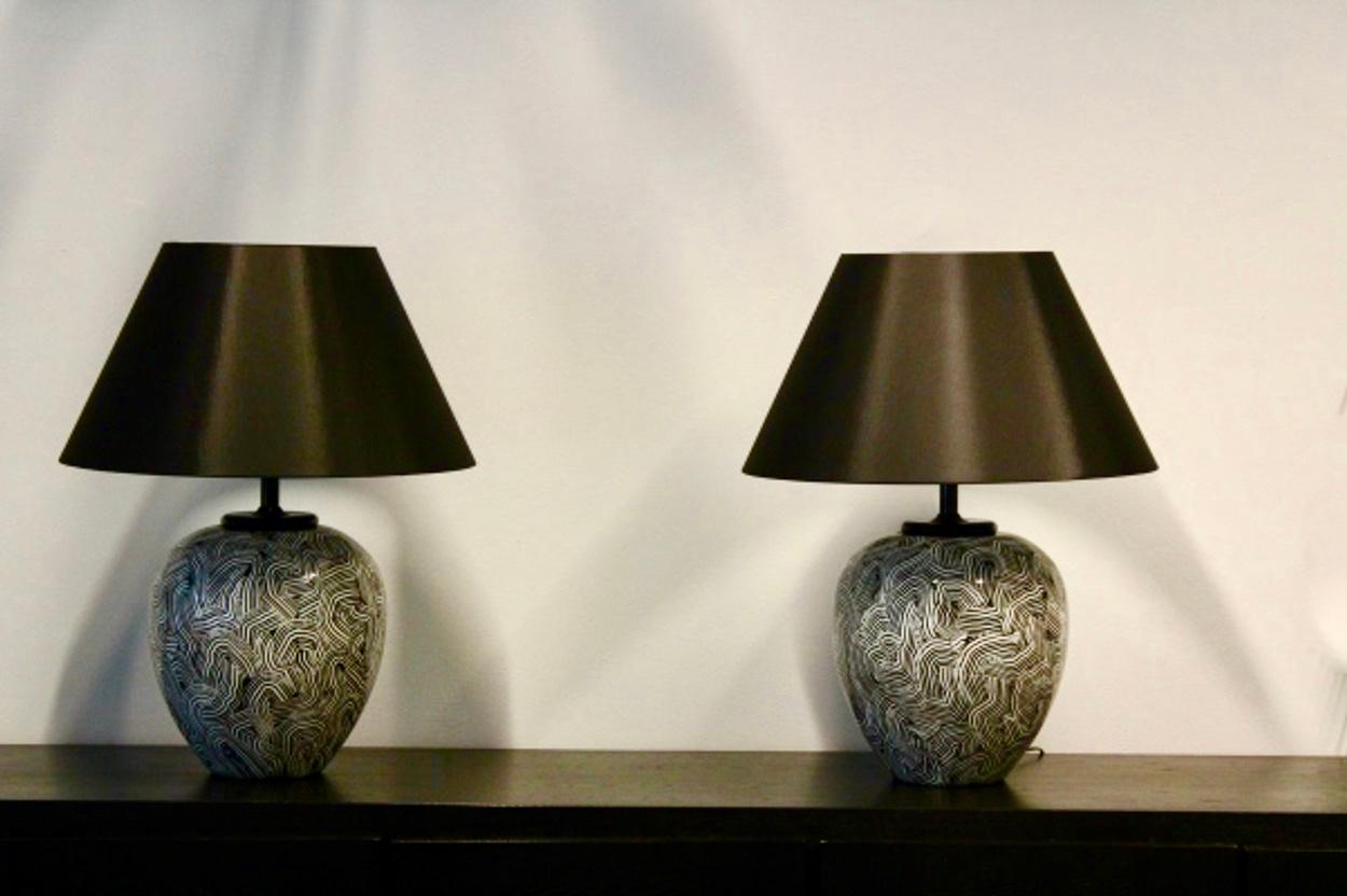 Paire de lampes de bureau en céramique à motifs graphiques pour H. Pander, Hollande, 1970 en vente 1