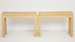 Pair of Karl Springer Style Woven Grass Cloth Sofa Tables with Inlaid Brass