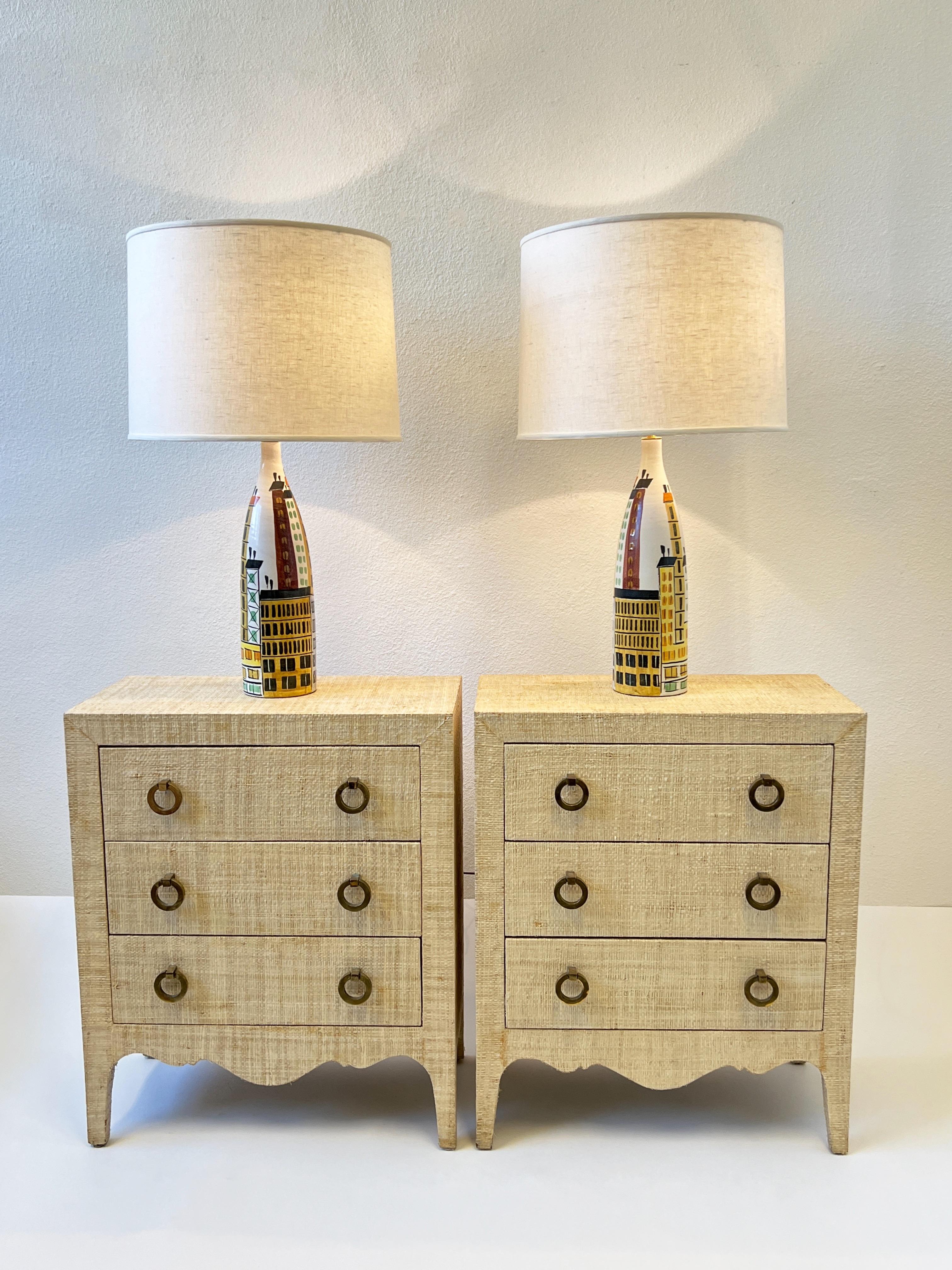 Wood Pair of Grasscloth and Brass Night Stands For Sale
