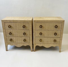 Pair of Grasscloth and Brass Night Stands