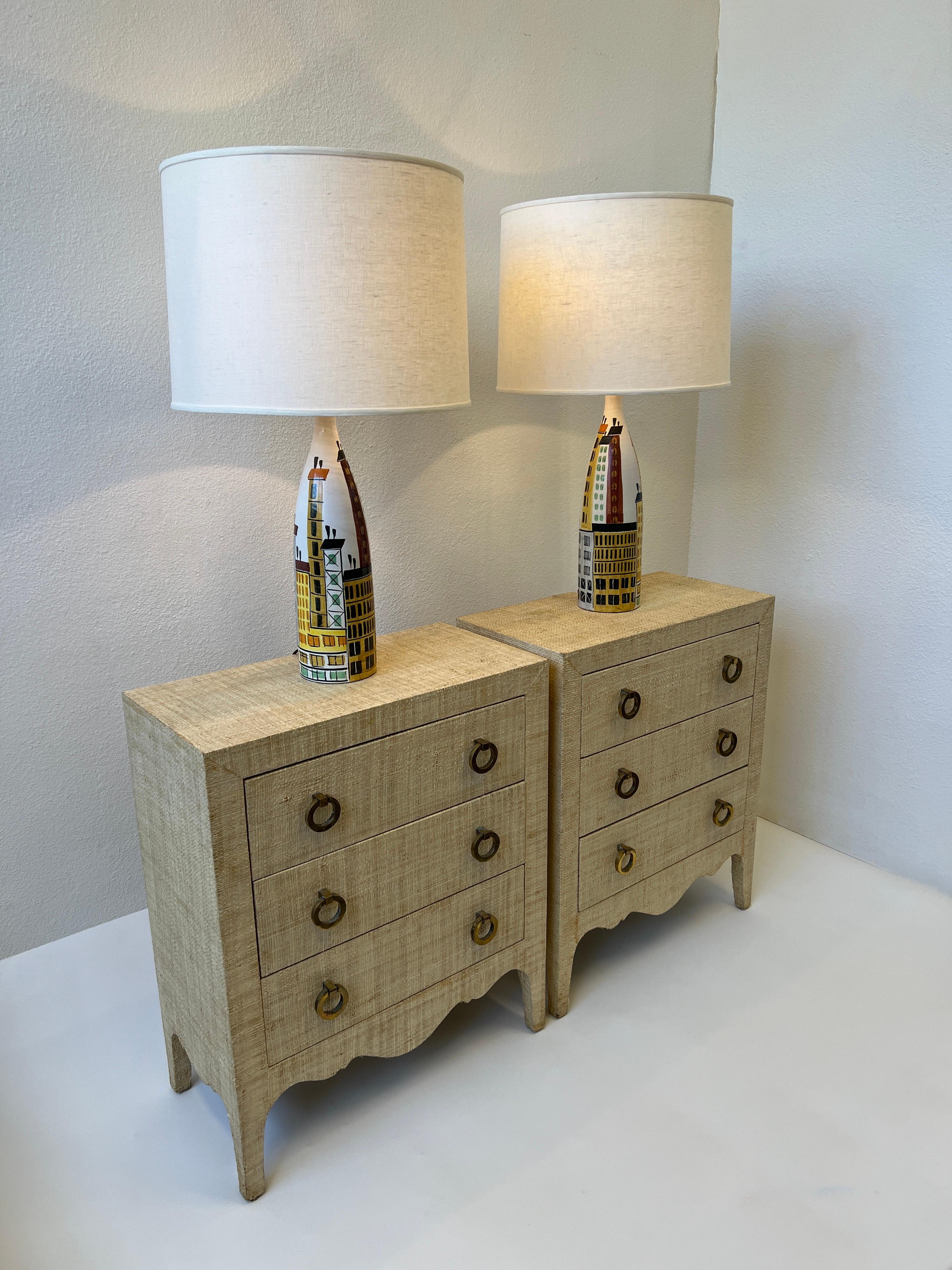 Late 20th Century Pair of Grasscloth and Brass Night Stands For Sale