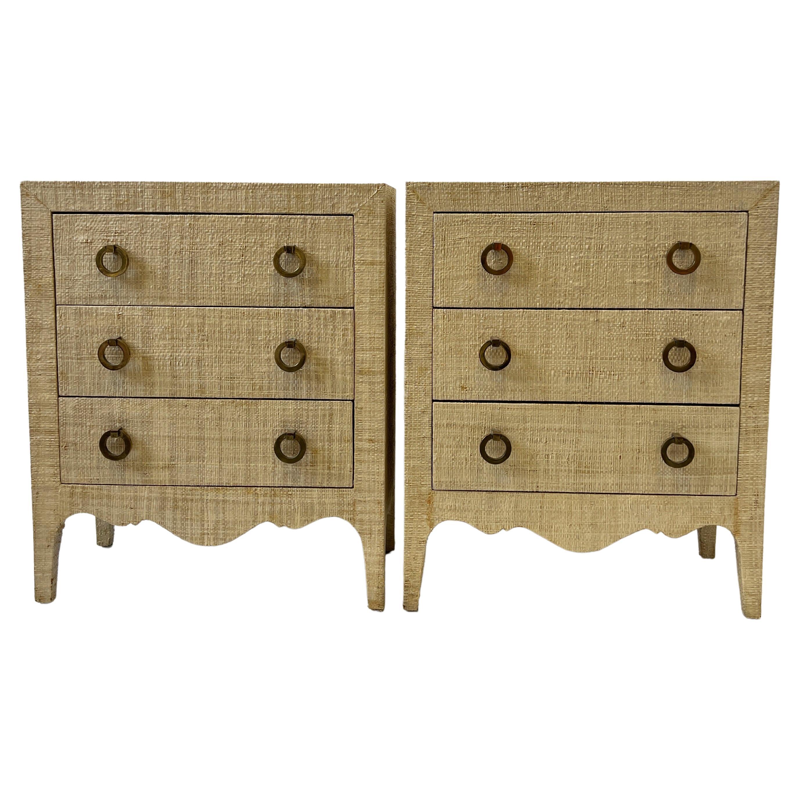 Pair of Grasscloth and Brass Night Stands
