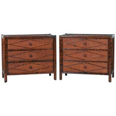 Pair of Grasscloth Faux Bamboo Chests