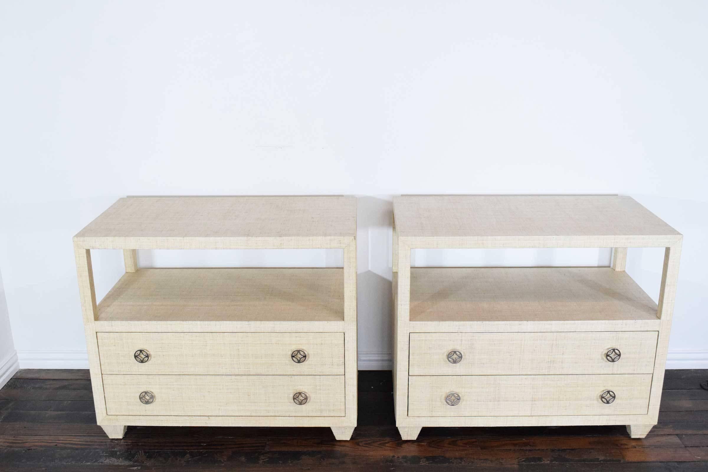 Beautiful condition, great pair of grasscloth nightstands by Bernhardt. Chrome knobs. Finished on the back. Just add a glass top to each to protect surface.