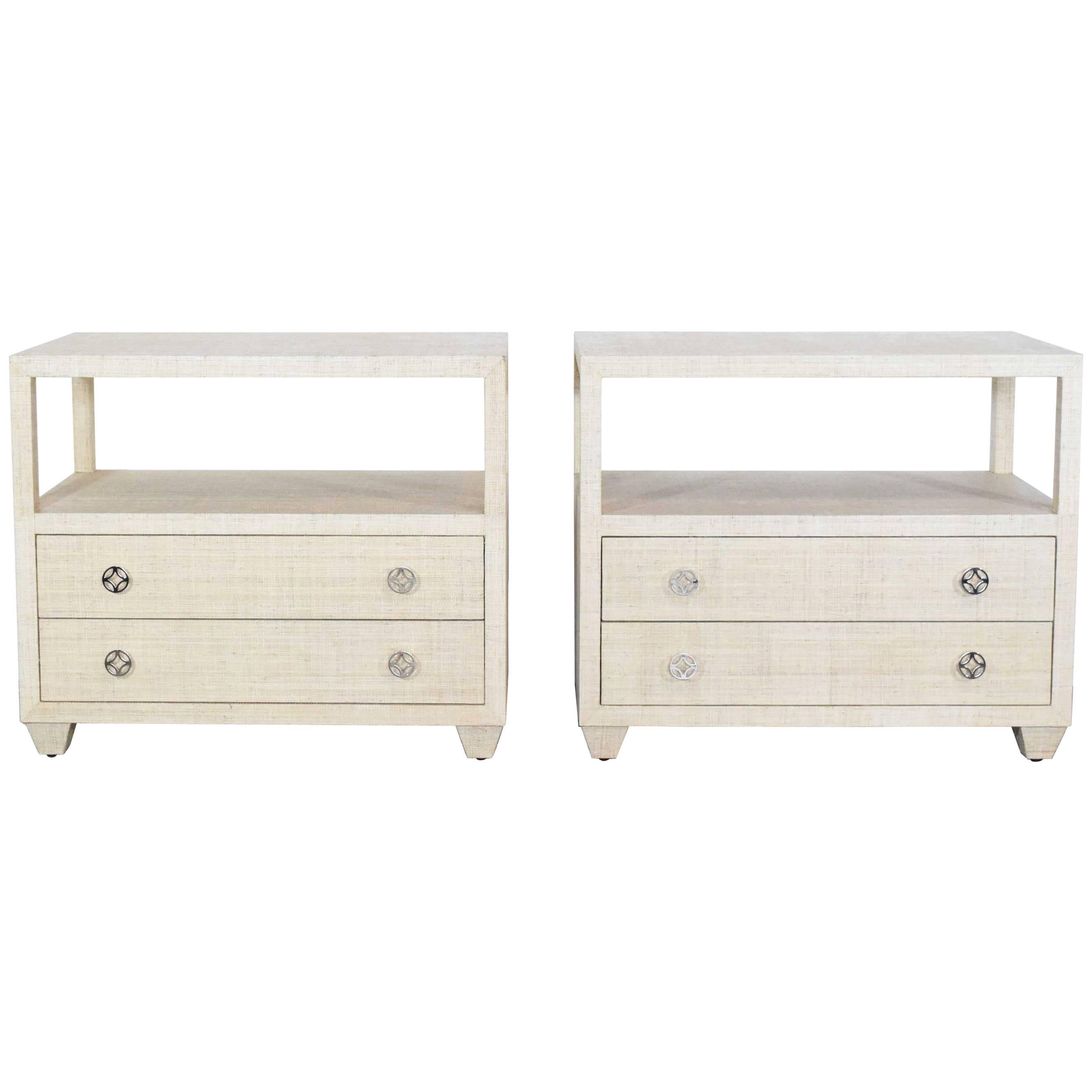 Pair of Grasscloth Nightstands or Chests by Bernhardt