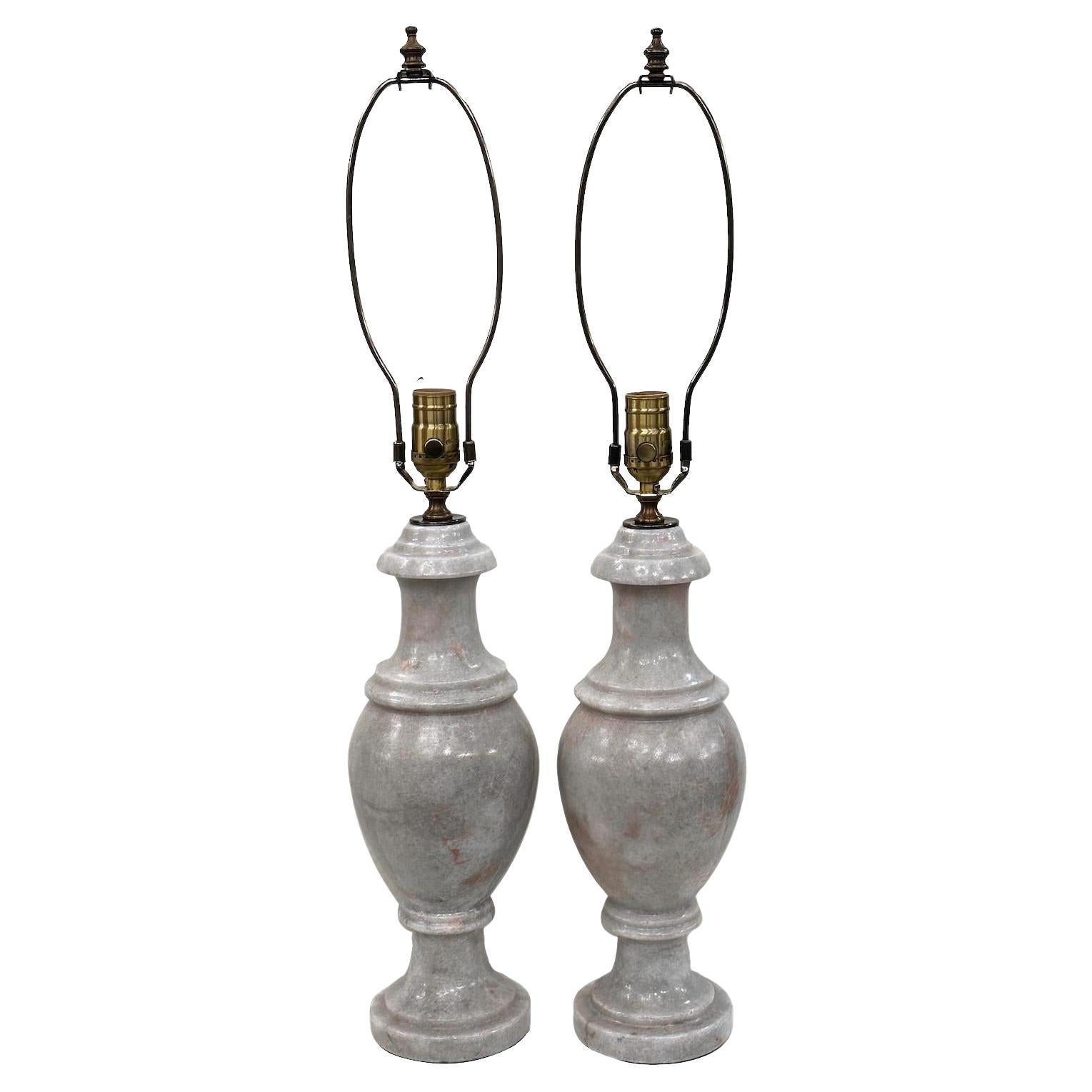 Pair of Gray and Rose Marble Lamps For Sale