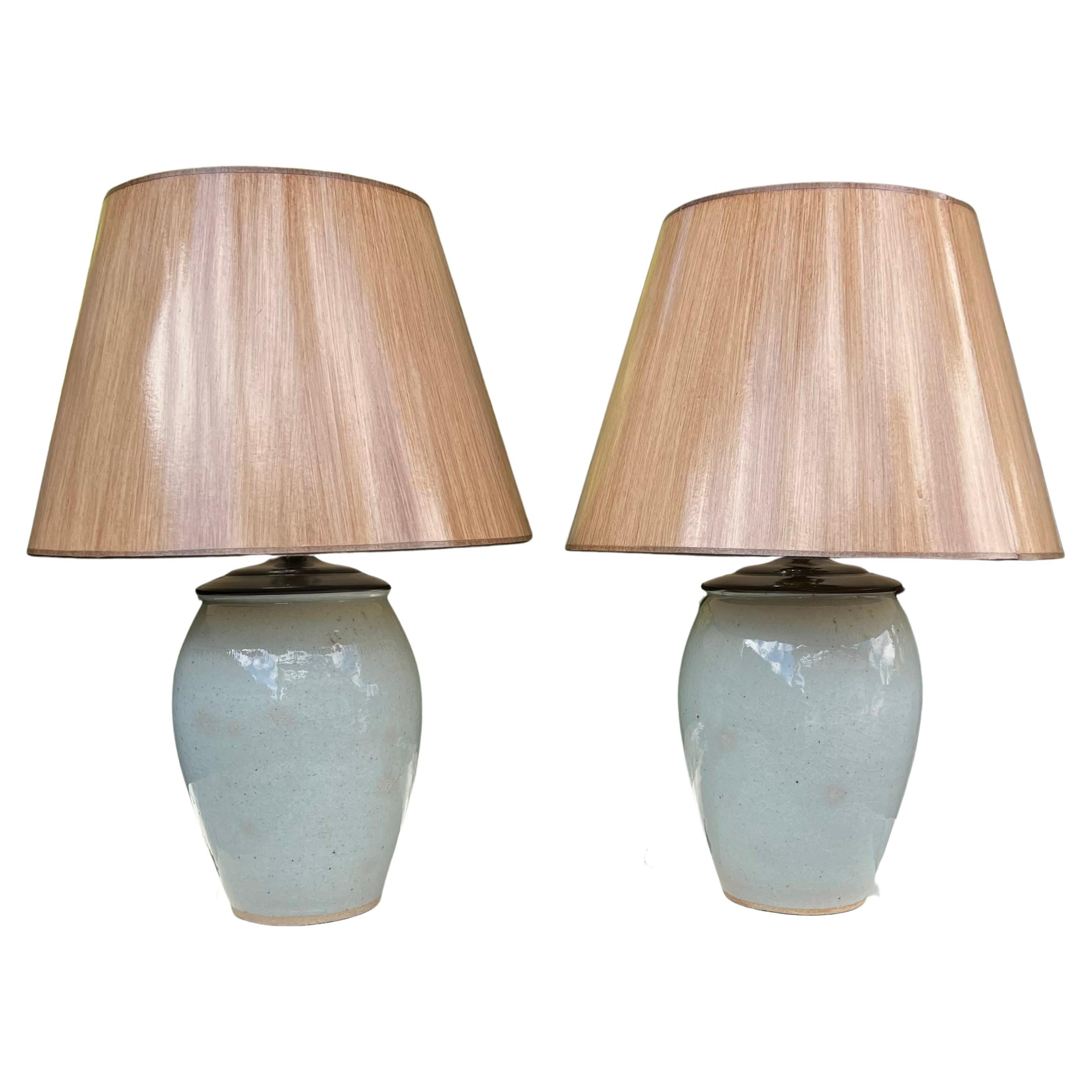 Pair of Gray Glazed Ceramic Lamps with Shades For Sale