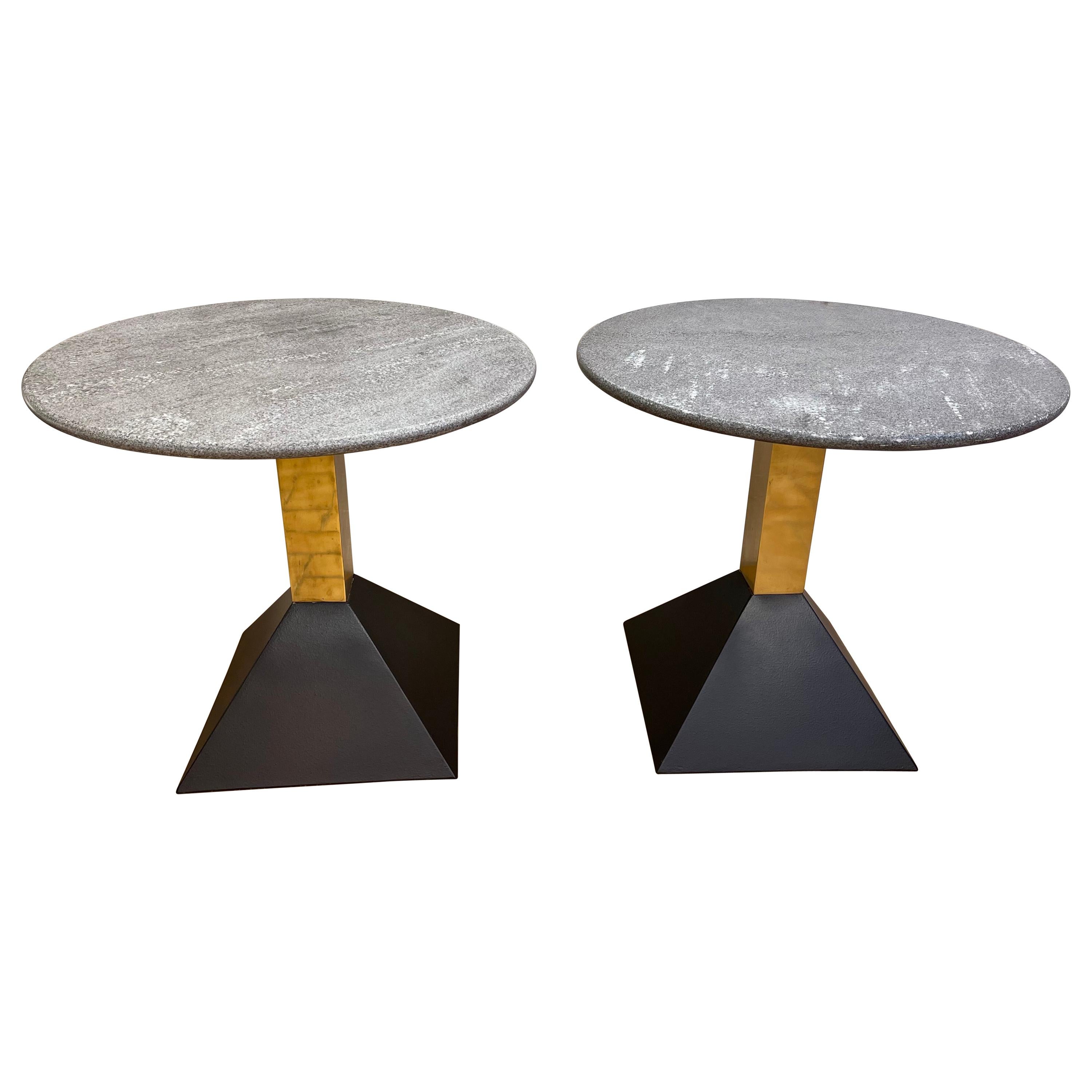 Pair of Gray Granite and Brass Side Tables, Italy, 1980s For Sale