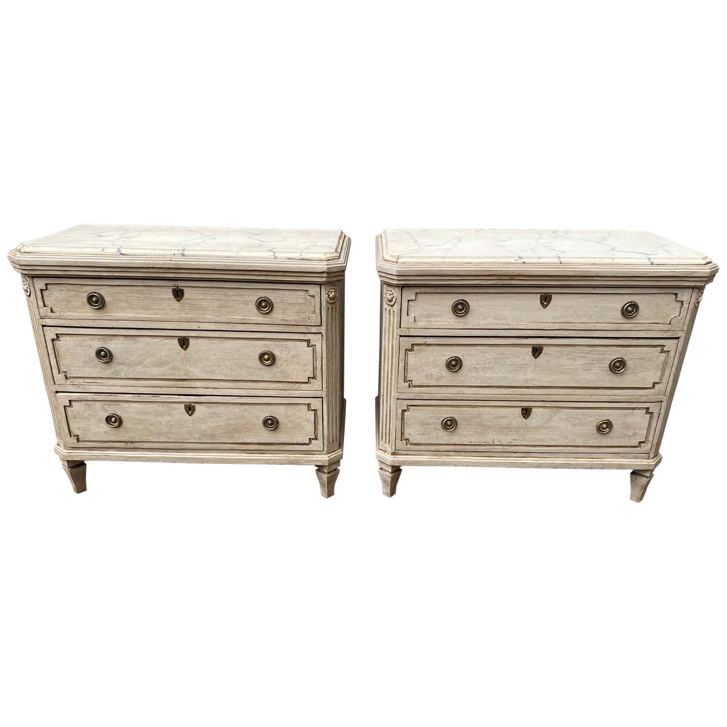 Pair of Gray Gustavian Faux Marble Chest of Drawers