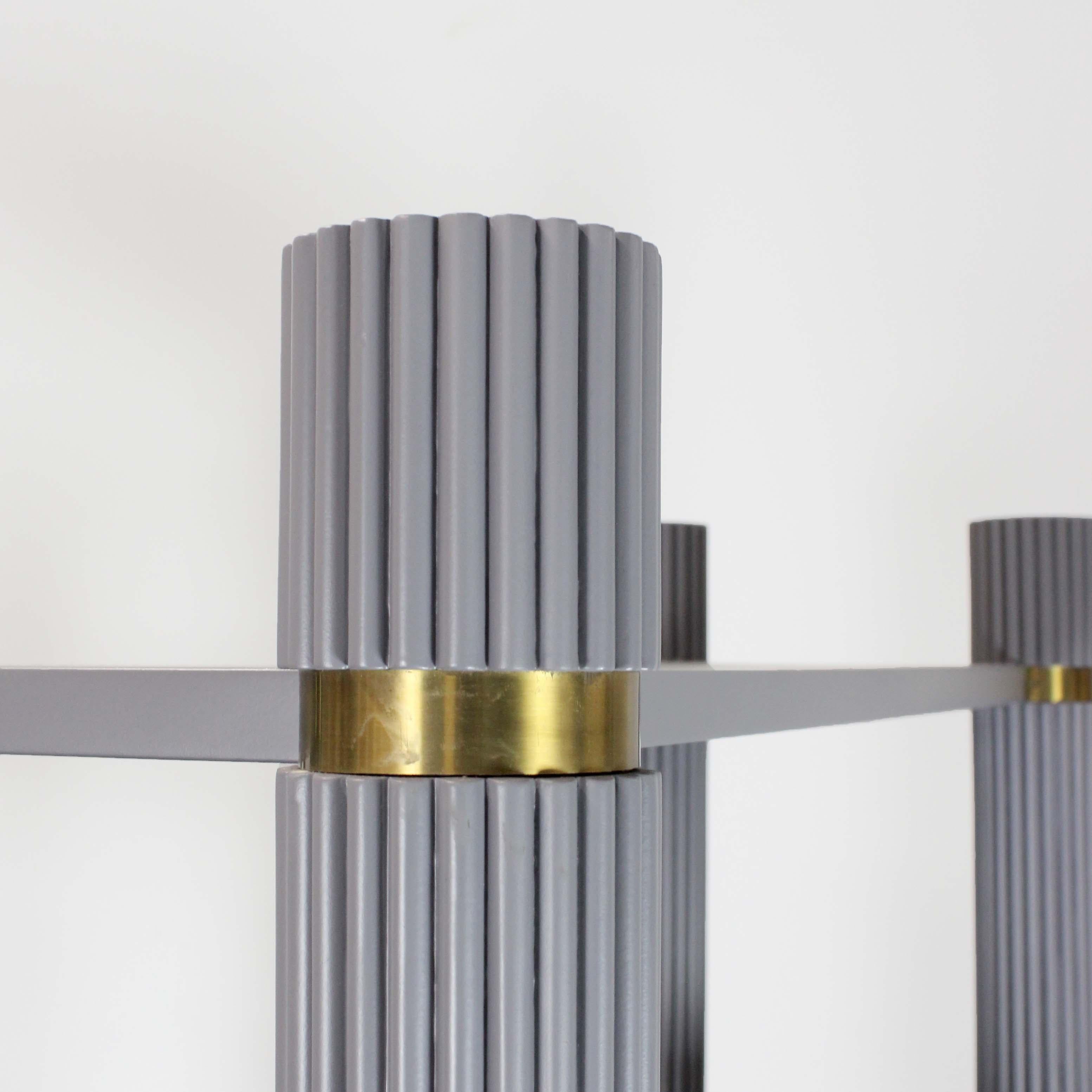 Wood Pair of gray lacquered wooden shelves with fluted uprights and gilt brass detail For Sale