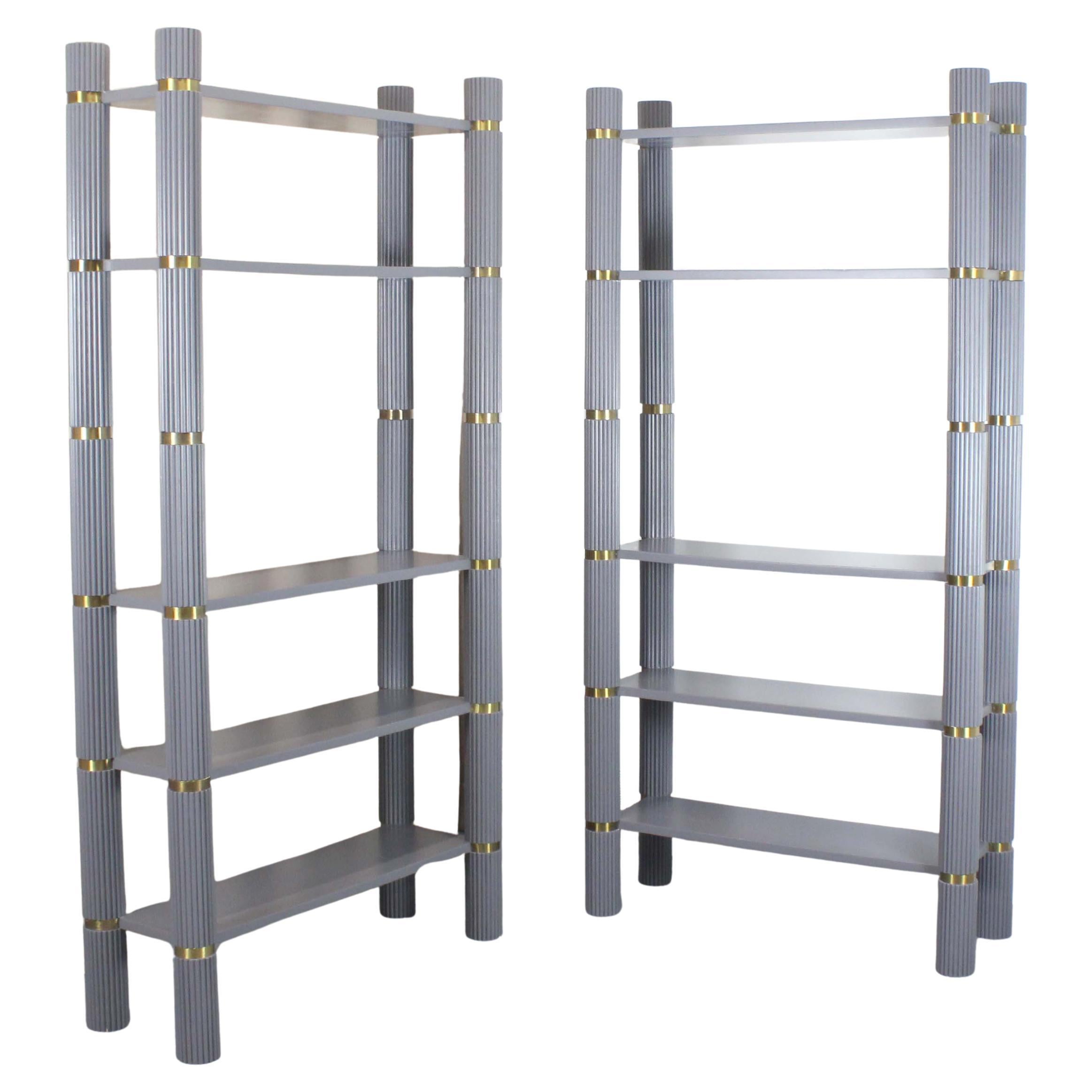 Pair of gray lacquered wooden shelves with fluted uprights and gilt brass detail For Sale